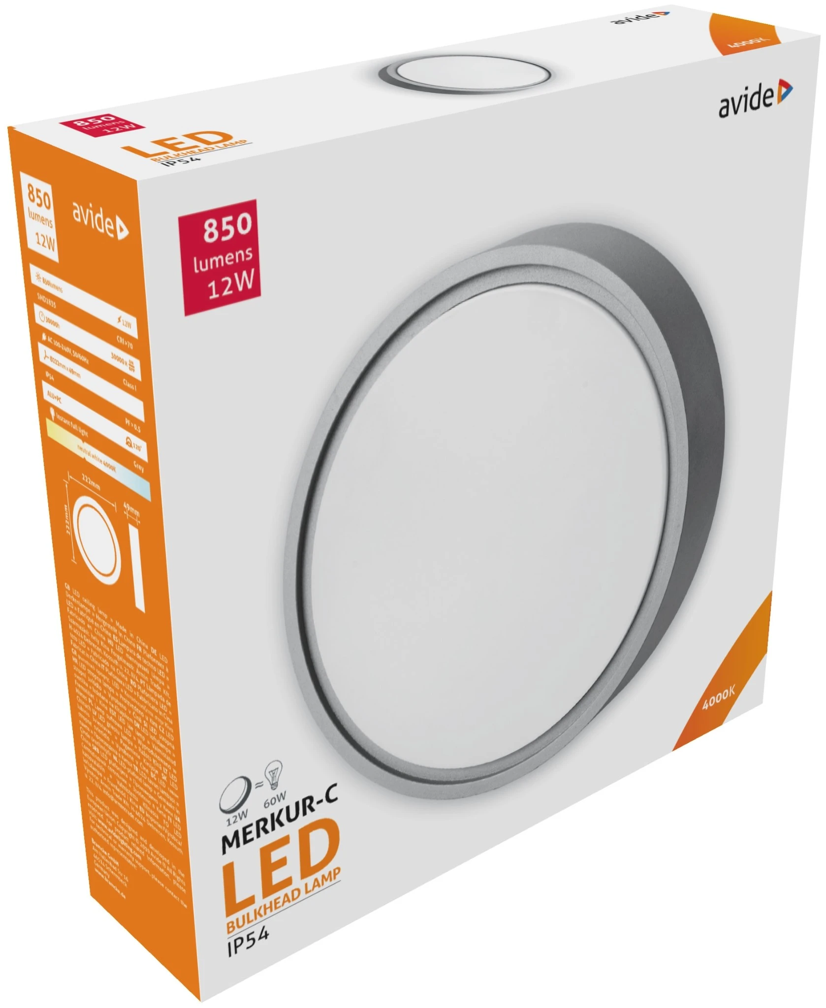 Avide (Merkur-C) Cseppálló Mennyezeti Lámpa Kerek IP54 12W NW 4000K Szürke | KÜLÖN CSOMAG |