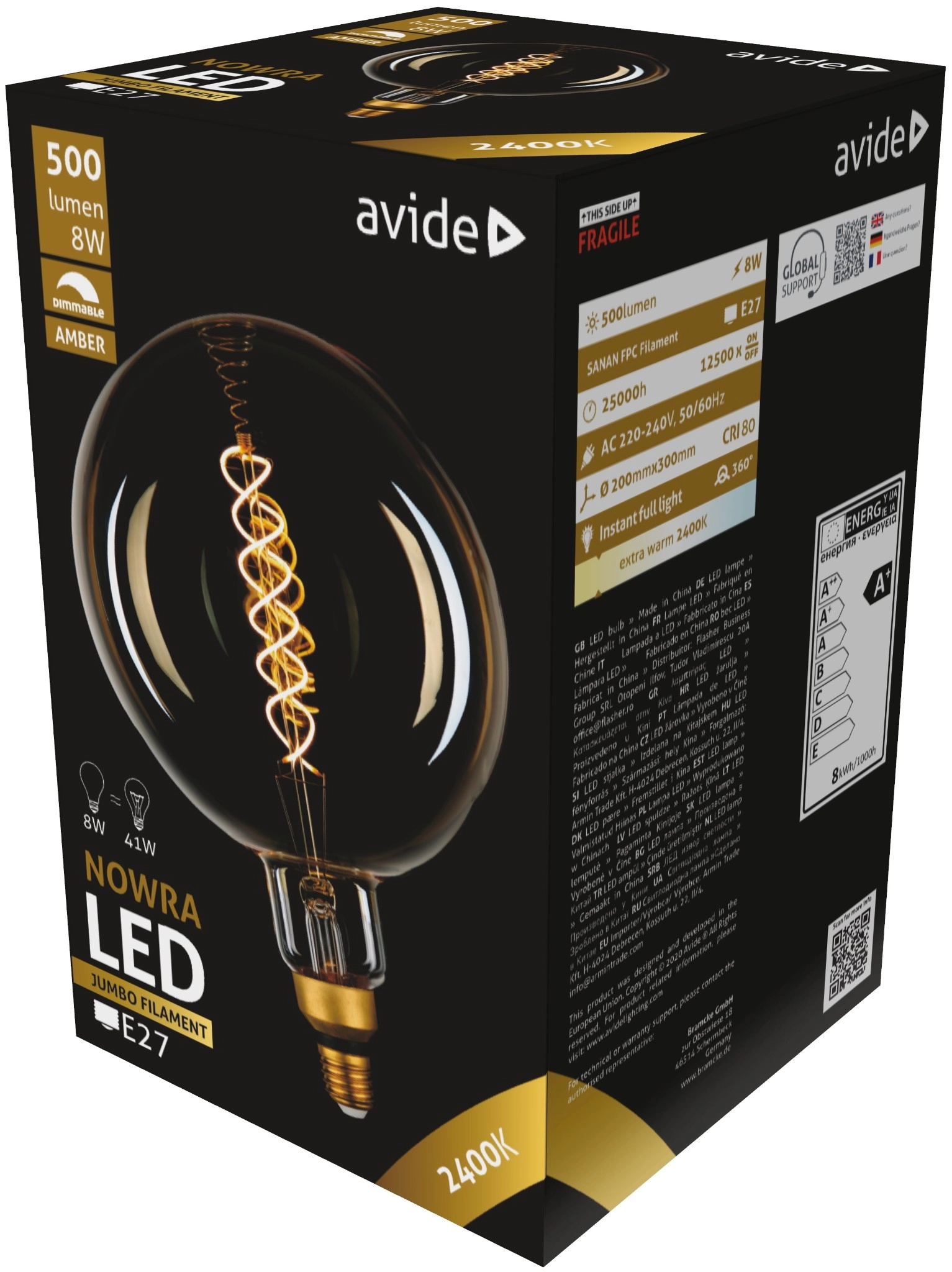 Avide LED Jumbo Filament Nowra 200x300mm Amber 8W E27 2400K Dimmable | KÜLÖN CSOMAG |