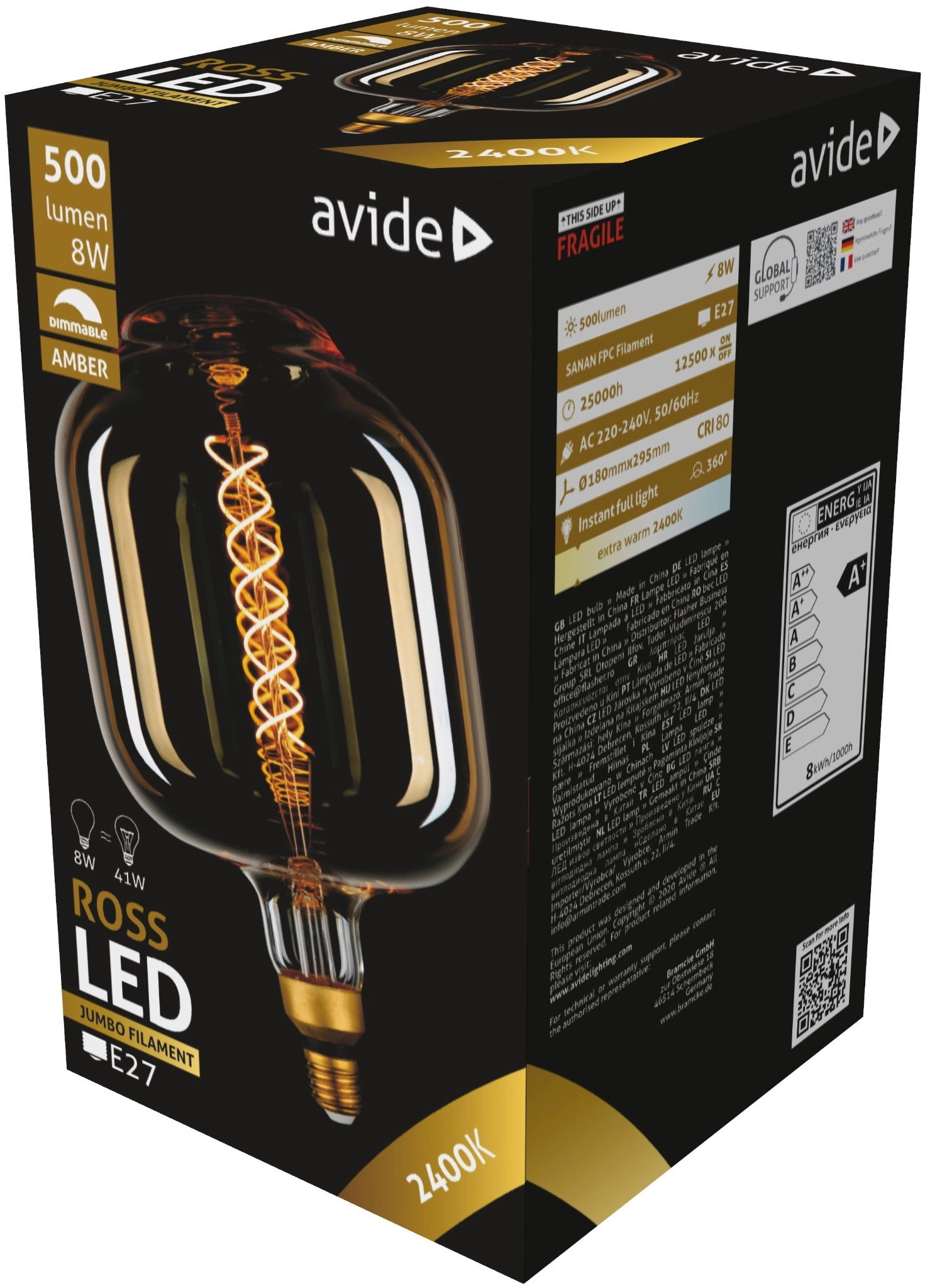 Avide LED Jumbo Filament Ross 180x295mm Amber 8W E27 2400K Dimmable | KÜLÖN CSOMAG |