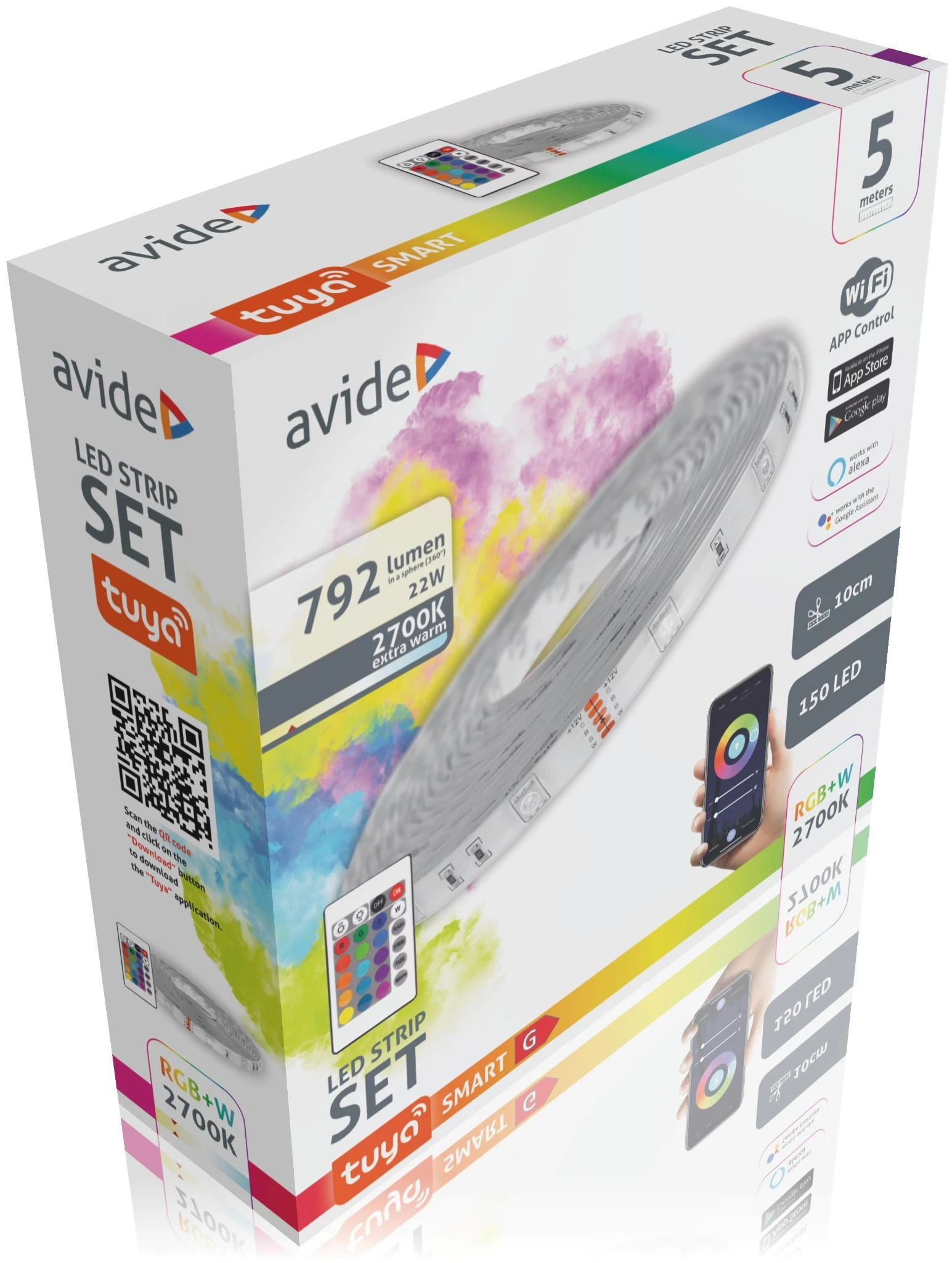 Avide LED Szalag Bliszter 12V 22W SMD5050 30LED RGB+2700K IP65 5m WIFI TUYA + IR | KÜLÖN CSOMAG |