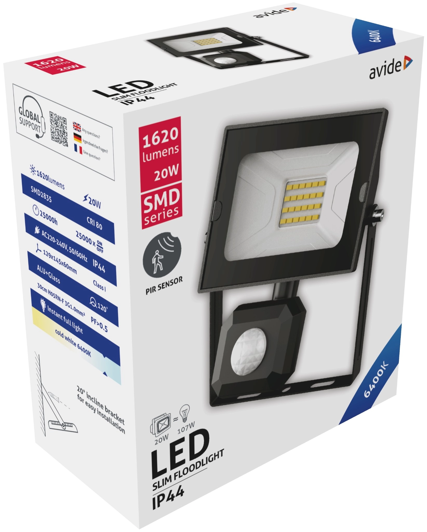 Avide LED Reflektor Slim SMD 20W CW 6400K Mozgásérzékelős PIR | KÜLÖN CSOMAG |