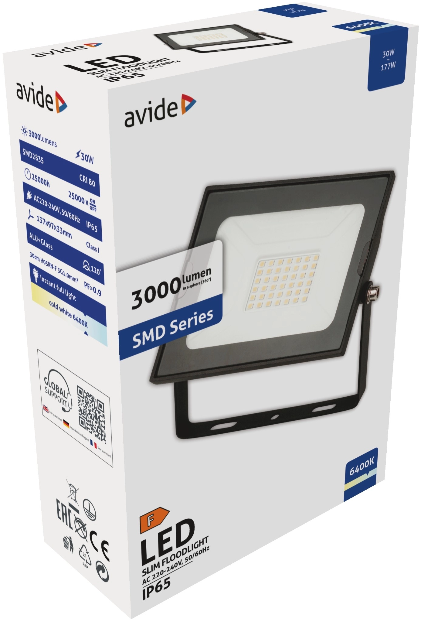 Avide LED Reflektor Slim SMD 30W CW 6400K | KÜLÖN CSOMAG |