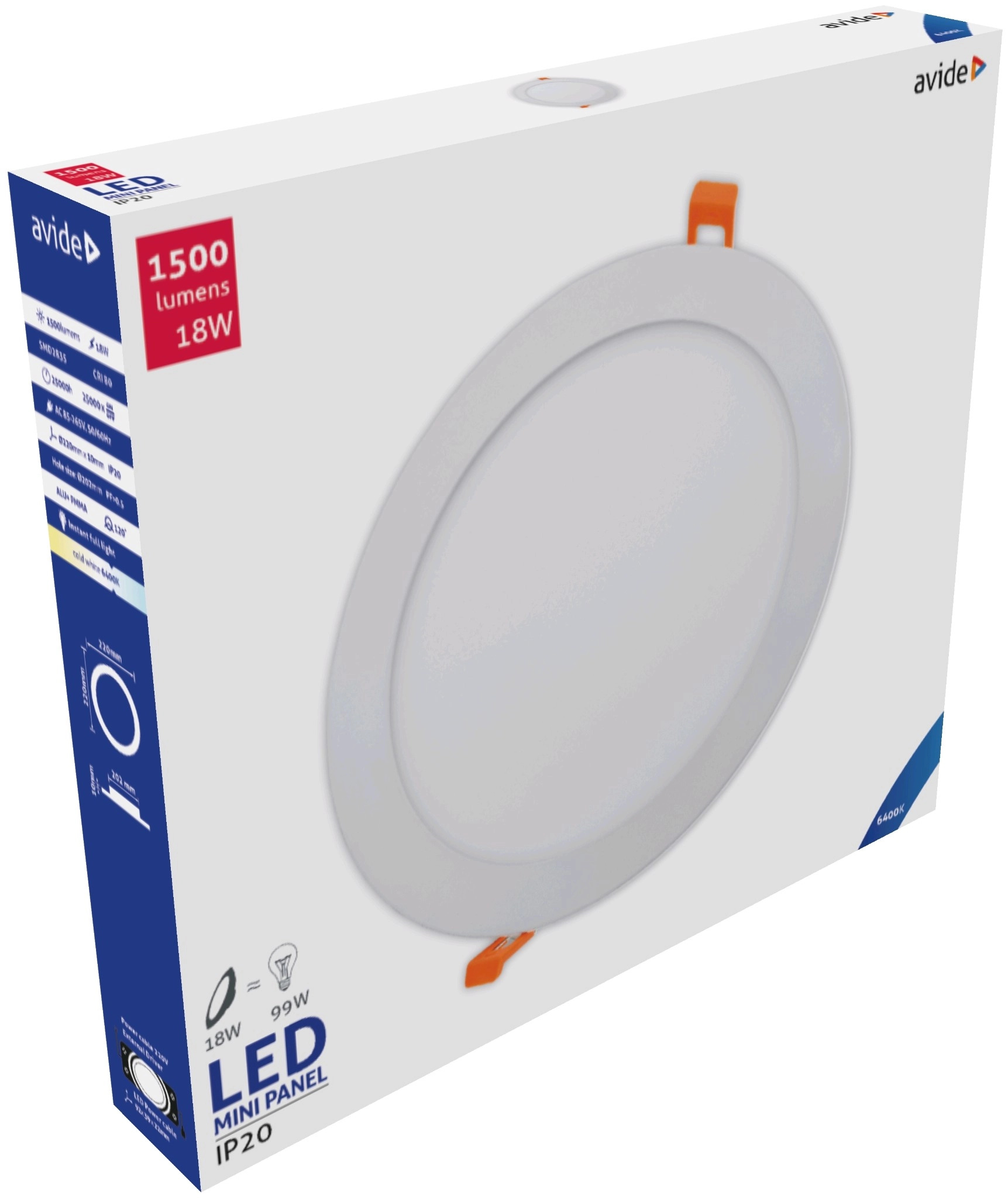 Avide LED Beépíthető Kerek Mennyezeti Lámpa ALU 18W CW 6400K | KÜLÖN CSOMAG |