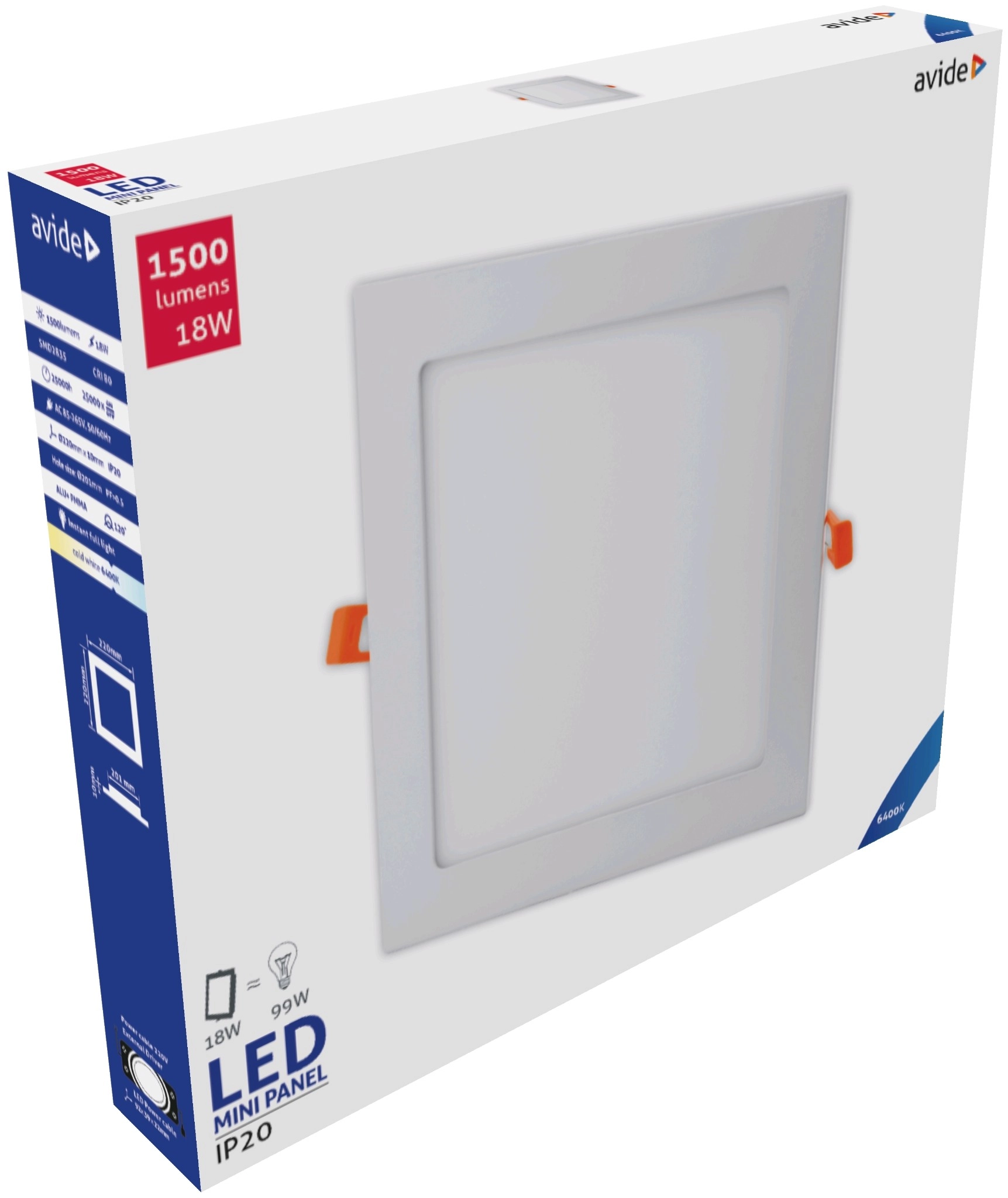 Avide LED Beépíthető Négyzetes Mennyezeti Lámpa ALU 18W CW 6400K | KÜLÖN CSOMAG |