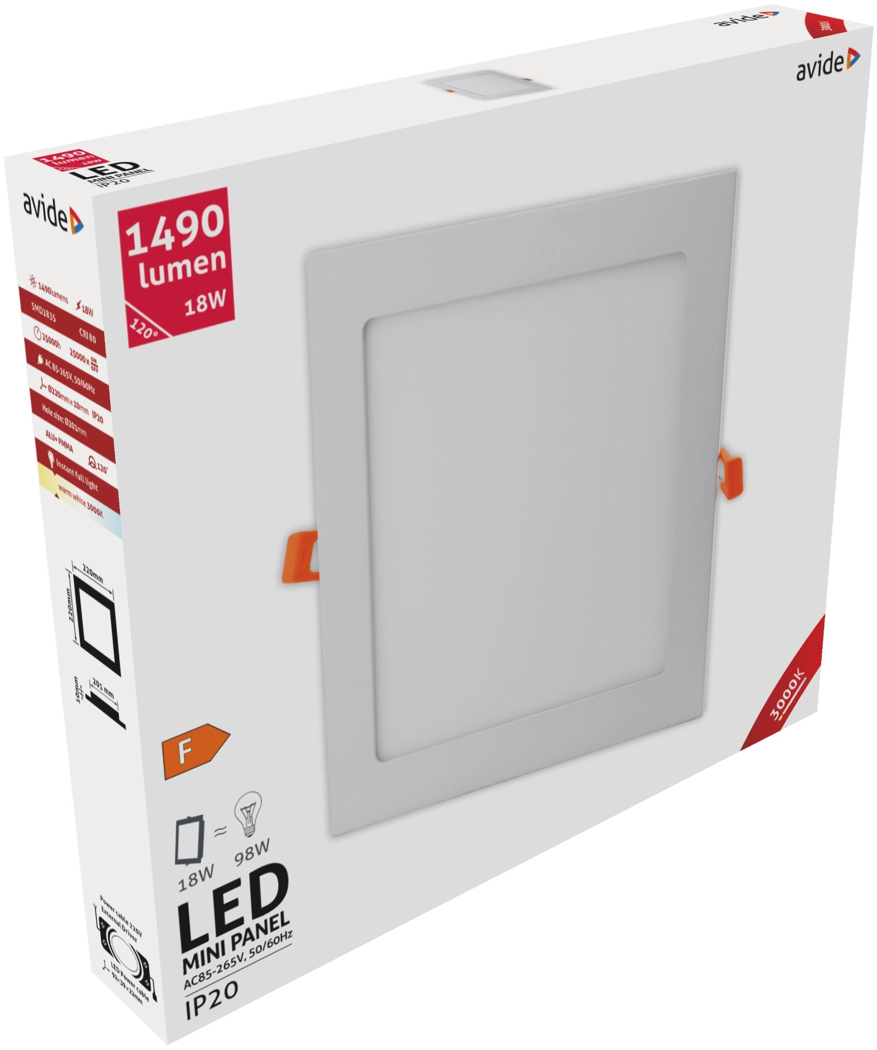Avide LED Beépíthető Négyzetes Mennyezeti Lámpa ALU 18W WW 3000K | KÜLÖN CSOMAG |