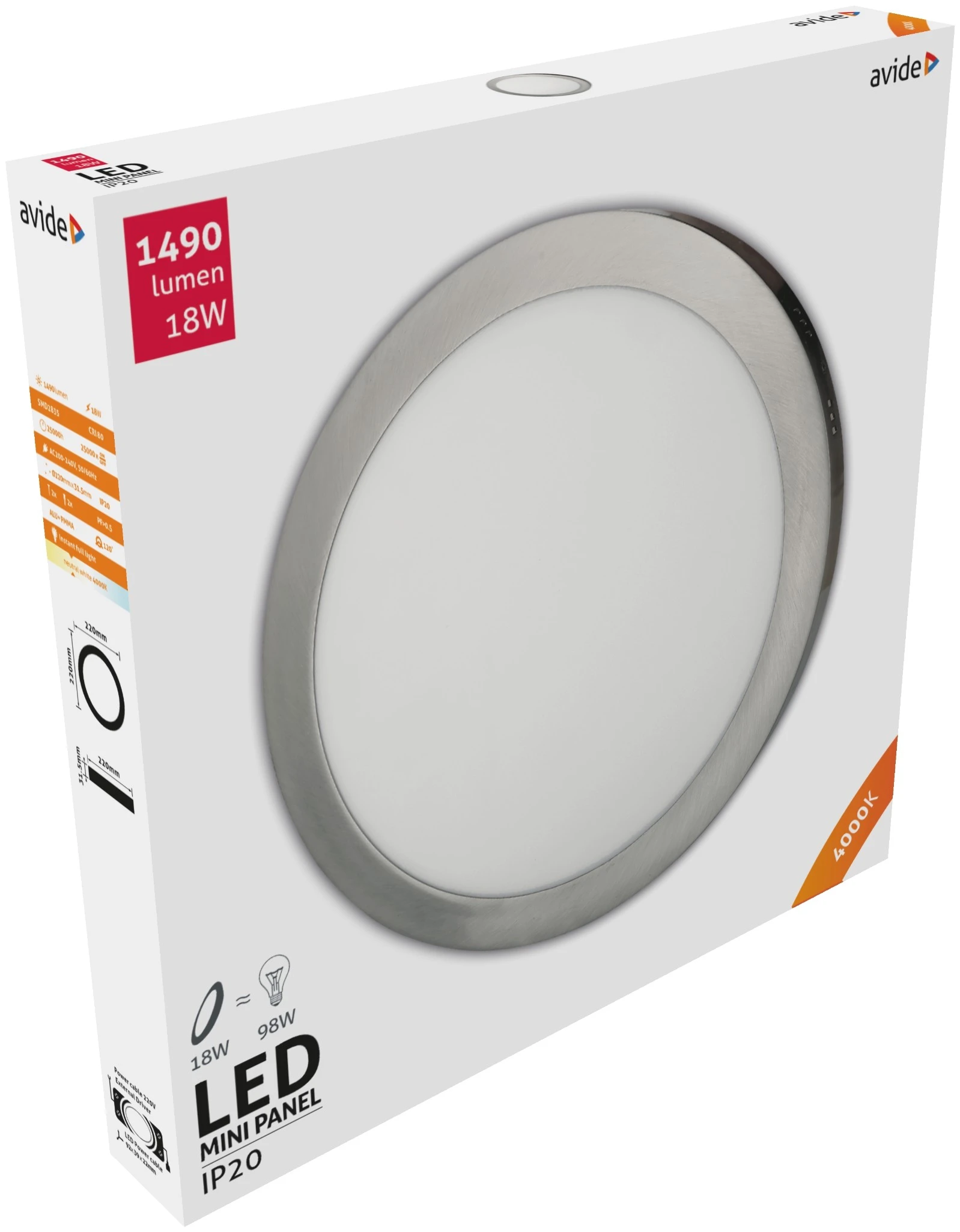 Avide LED Falra Szerelhető Kerek Mennyezeti Lámpa ALU Szatén Nikkel 18W NW 4000K | KÜLÖN CSOMAG |