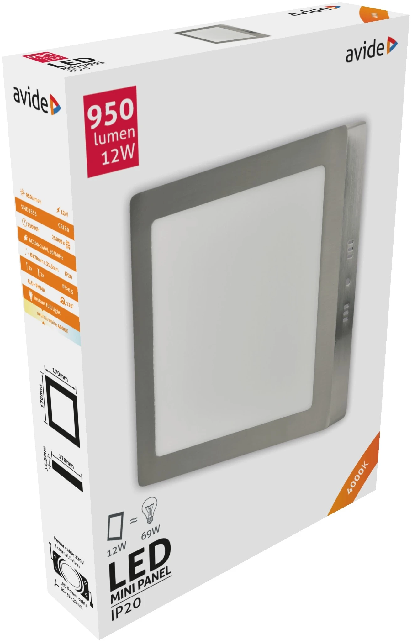 Avide LED Falra Szerelhető Négyzetes Mennyezeti Lámpa ALU Szatén Nikkel 12W NW 4000K | KÜLÖN CSOMAG |