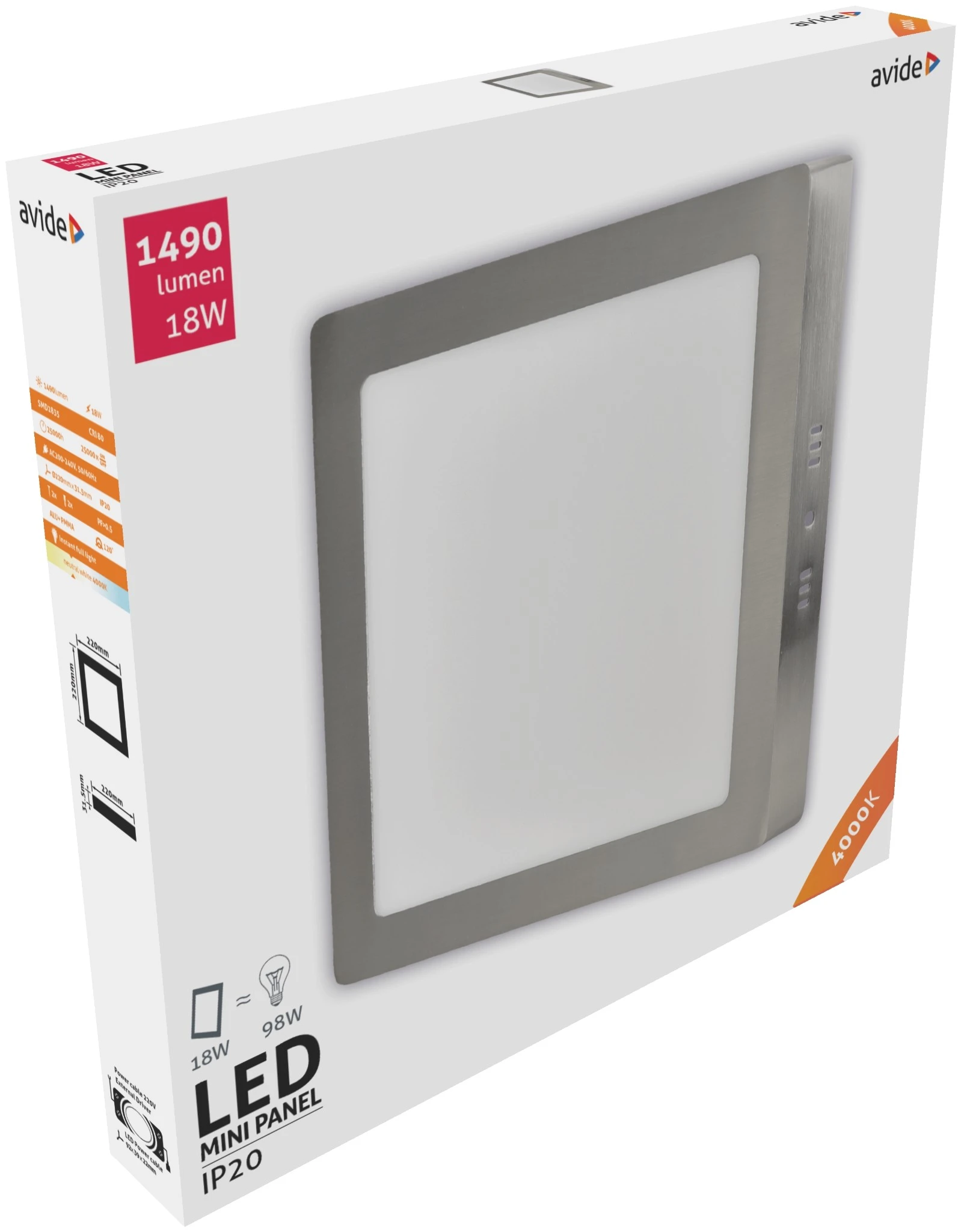 Avide LED Falra Szerelhető Négyzetes Mennyezeti Lámpa ALU Szatén Nikkel 18W NW 4000K | KÜLÖN CSOMAG |