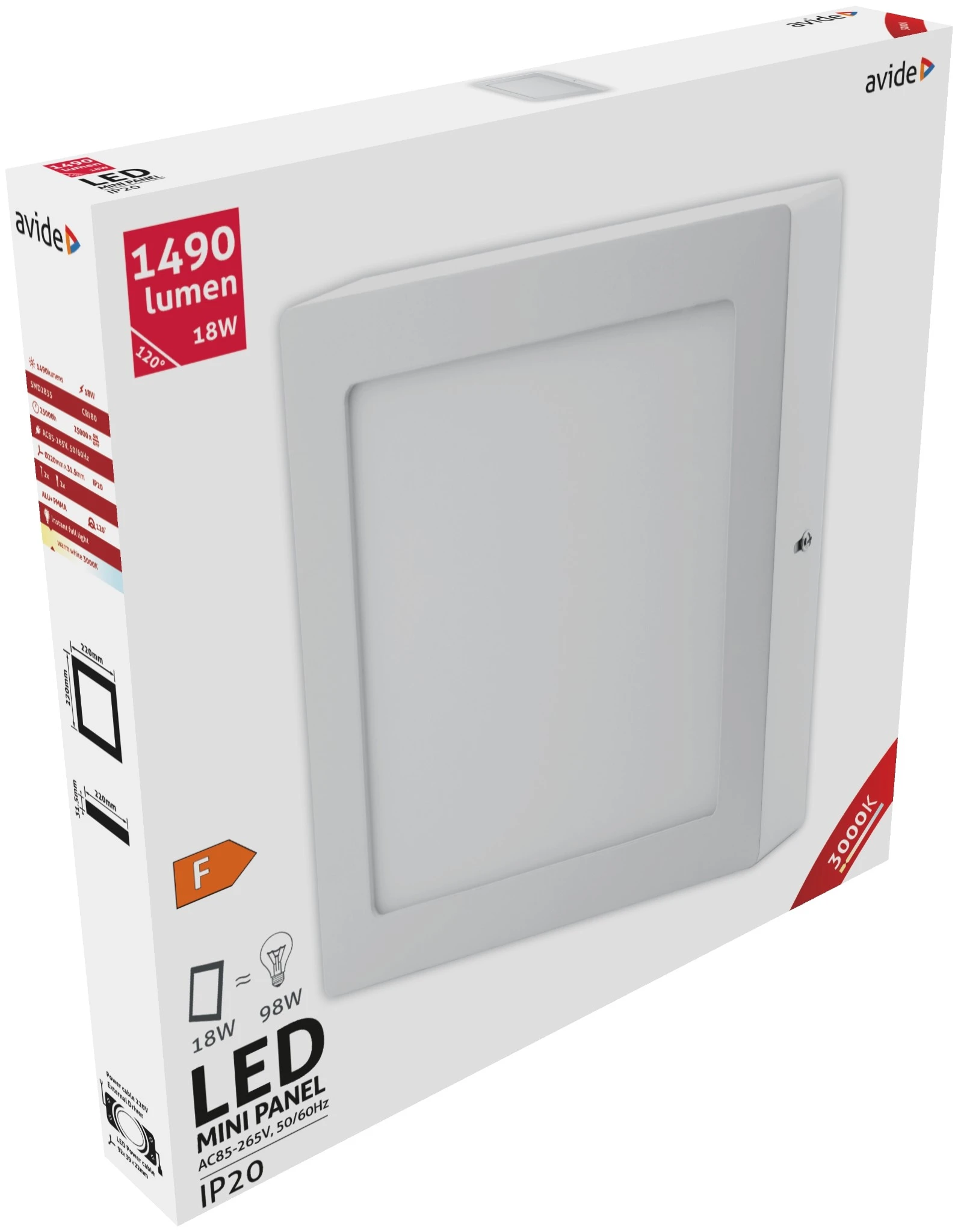 Avide LED Falra Szerelhető Négyzetes Mennyezeti Lámpa ALU 18W WW 3000K | KÜLÖN CSOMAG |