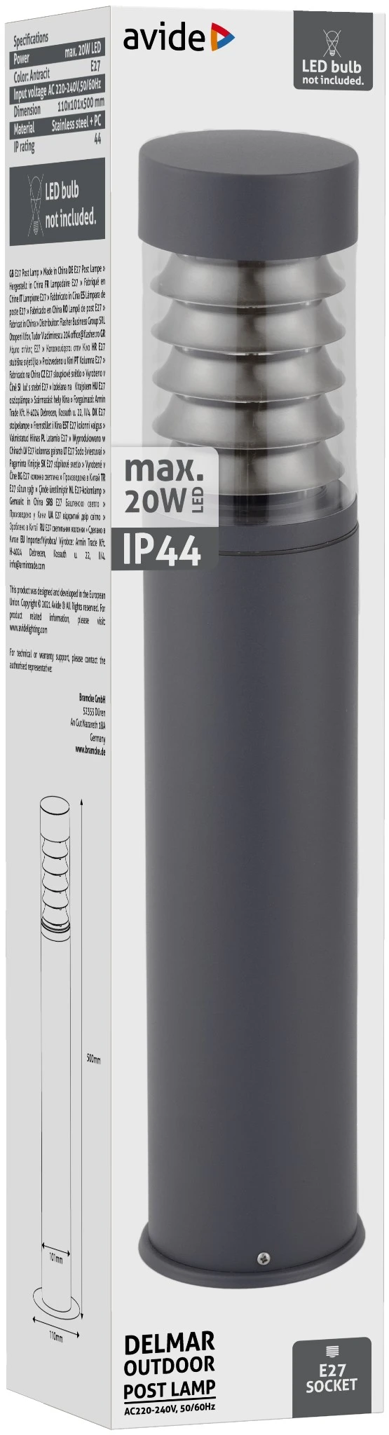 Avide kültéri álló lámpa Delmar 1xE27 500mm IP44 Antracit | KÜLÖN CSOMAG |