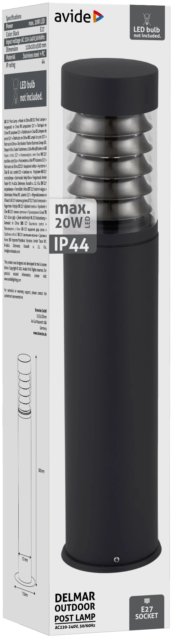 Avide kültéri álló lámpa Delmar 1xE27 500mm IP44 Fekete | KÜLÖN CSOMAG |