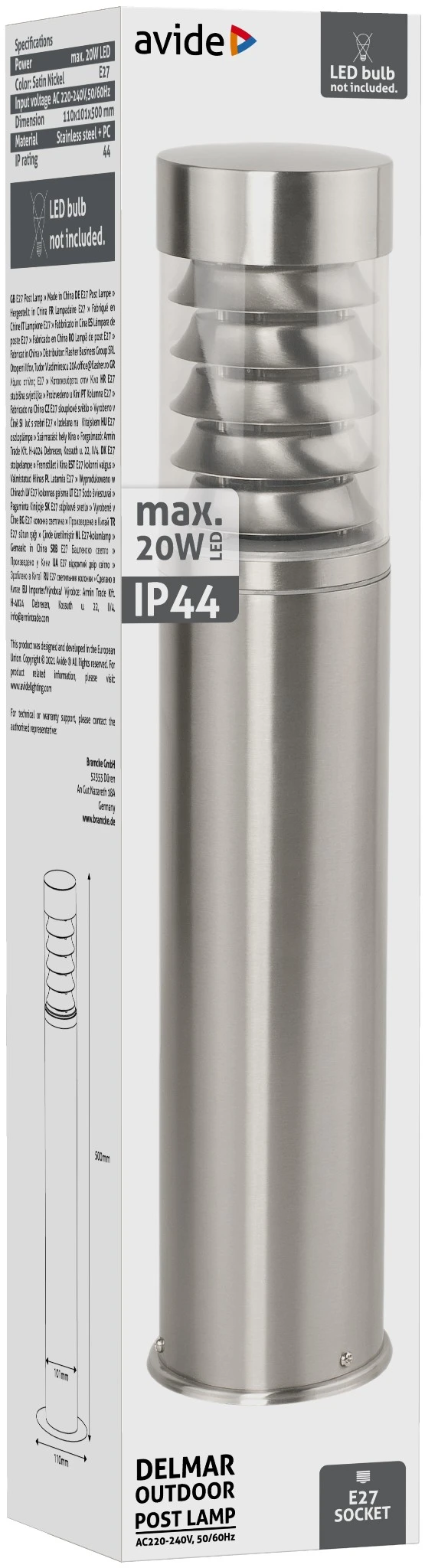 Avide kültéri álló lámpa Delmar 1xE27 500mm IP44 Szatén Nikkel | KÜLÖN CSOMAG |