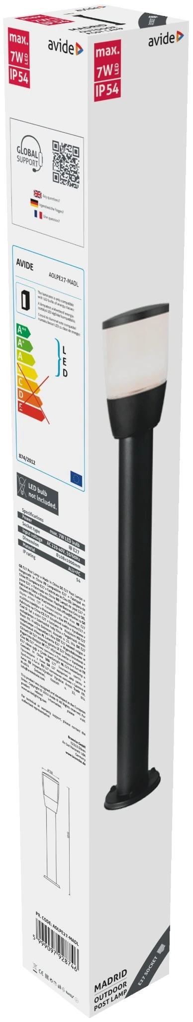 Avide kültéri álló lámpa Madrid E27 IP54 100cm | KÜLÖN CSOMAG |