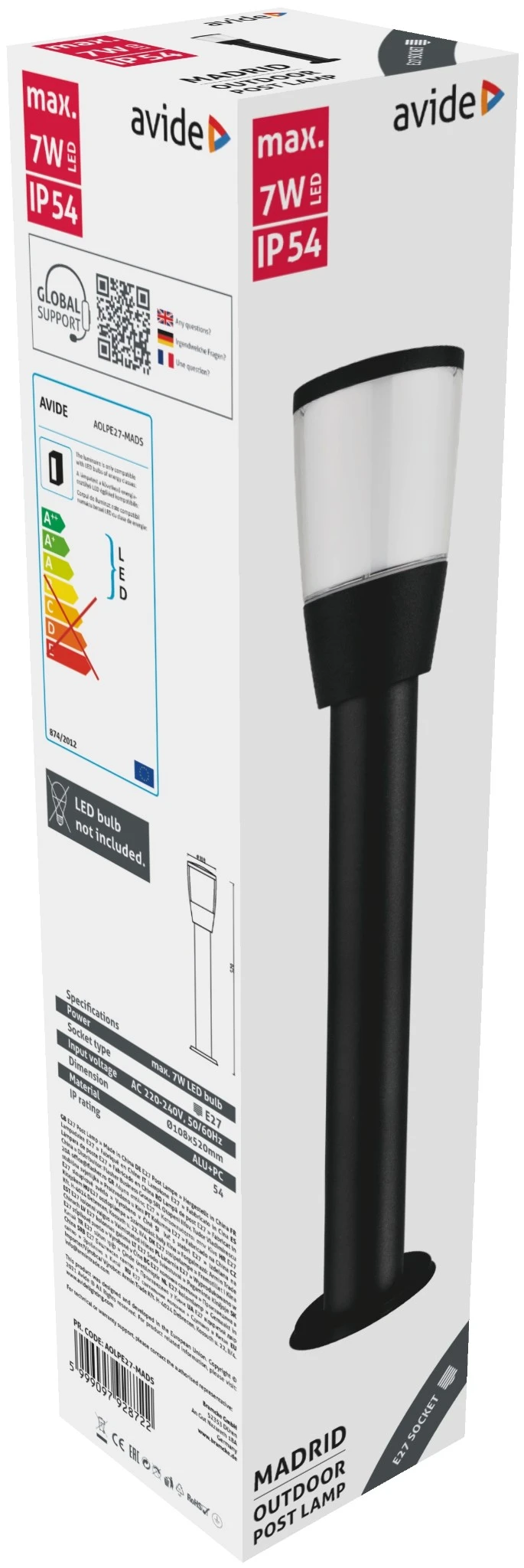 Avide kültéri álló lámpa Madrid E27 IP54 52cm | KÜLÖN CSOMAG |