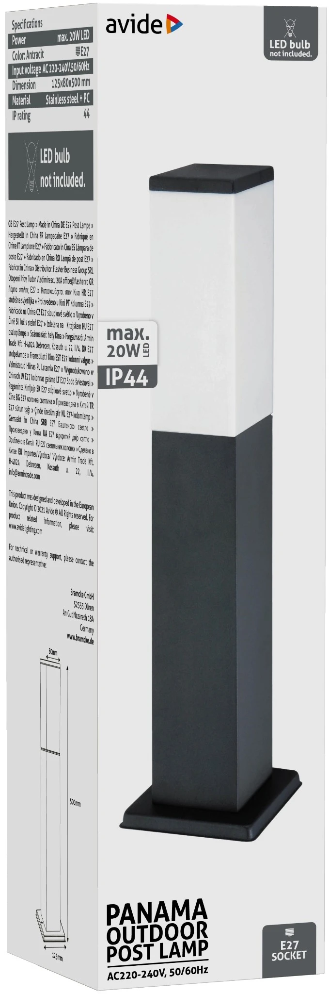 Avide kültéri álló lámpa Panama 1xE27 500mm IP44 Antracit | KÜLÖN CSOMAG |