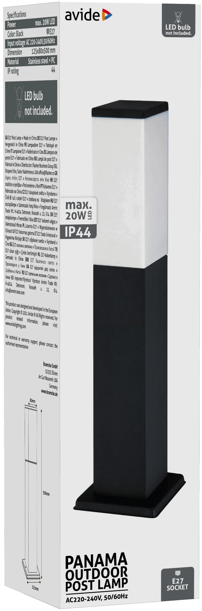 Avide kültéri álló lámpa Panama 1xE27 500mm IP44 Fekete | KÜLÖN CSOMAG |