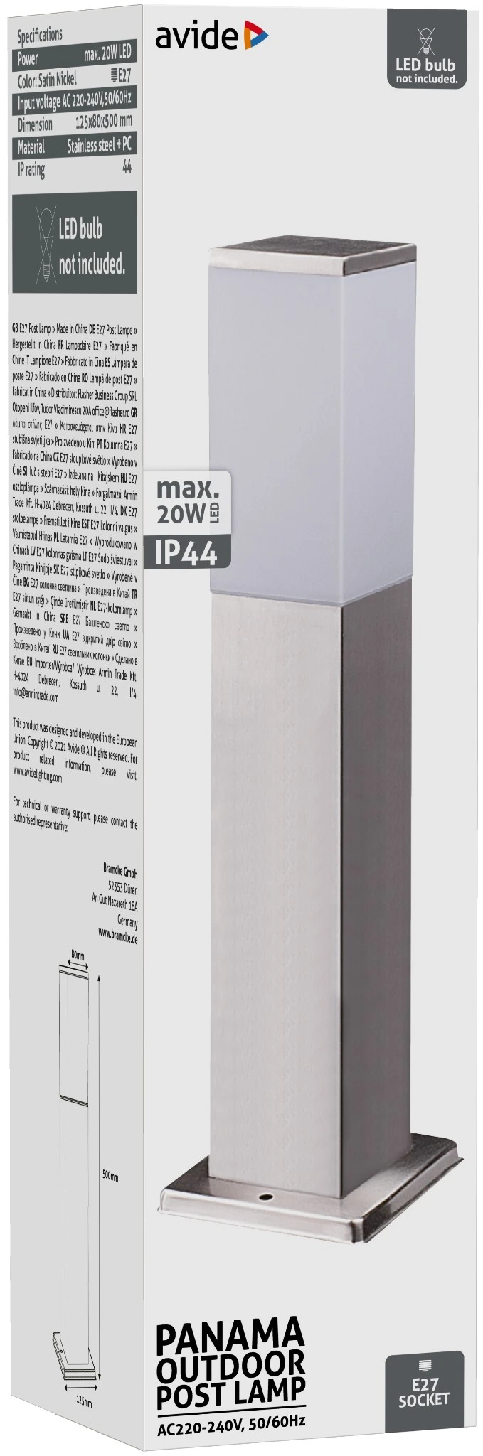 Avide kültéri álló lámpa Panama 1xE27 500mm IP44 Szatén Nikkel | KÜLÖN CSOMAG |