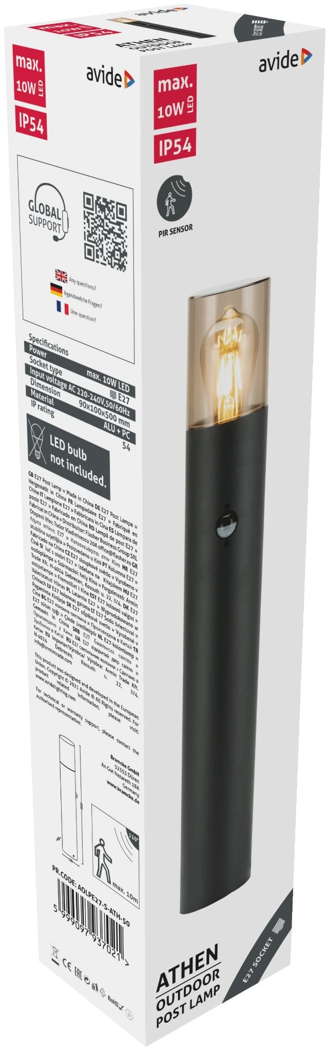 Avide kültéri álló lámpa Athen 1xE27 PIR 500mm IP54 | KÜLÖN CSOMAG |