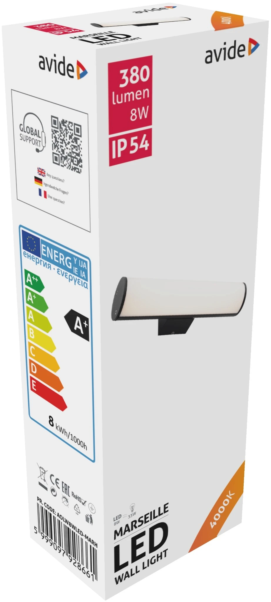 Avide kültéri fali lámpa Marseille Vízszintes LED 8W NW IP54 | KÜLÖN CSOMAG |