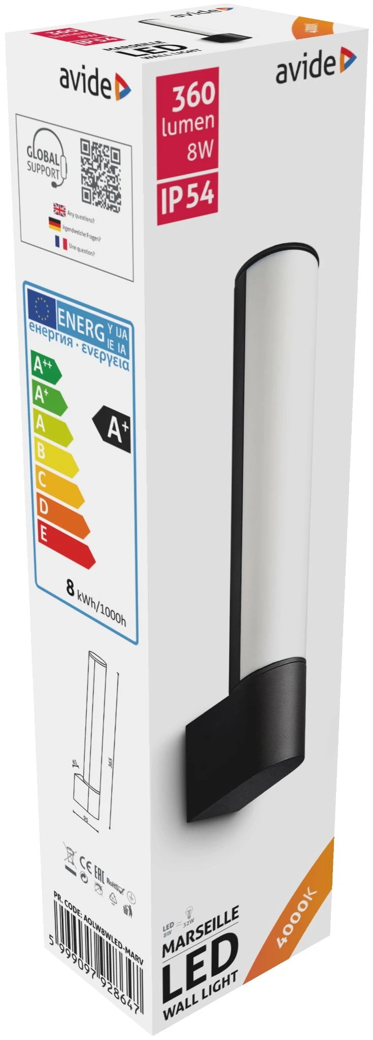 Avide kültéri fali lámpa Marseille Függőleges LED 8W NW IP54 | KÜLÖN CSOMAG |