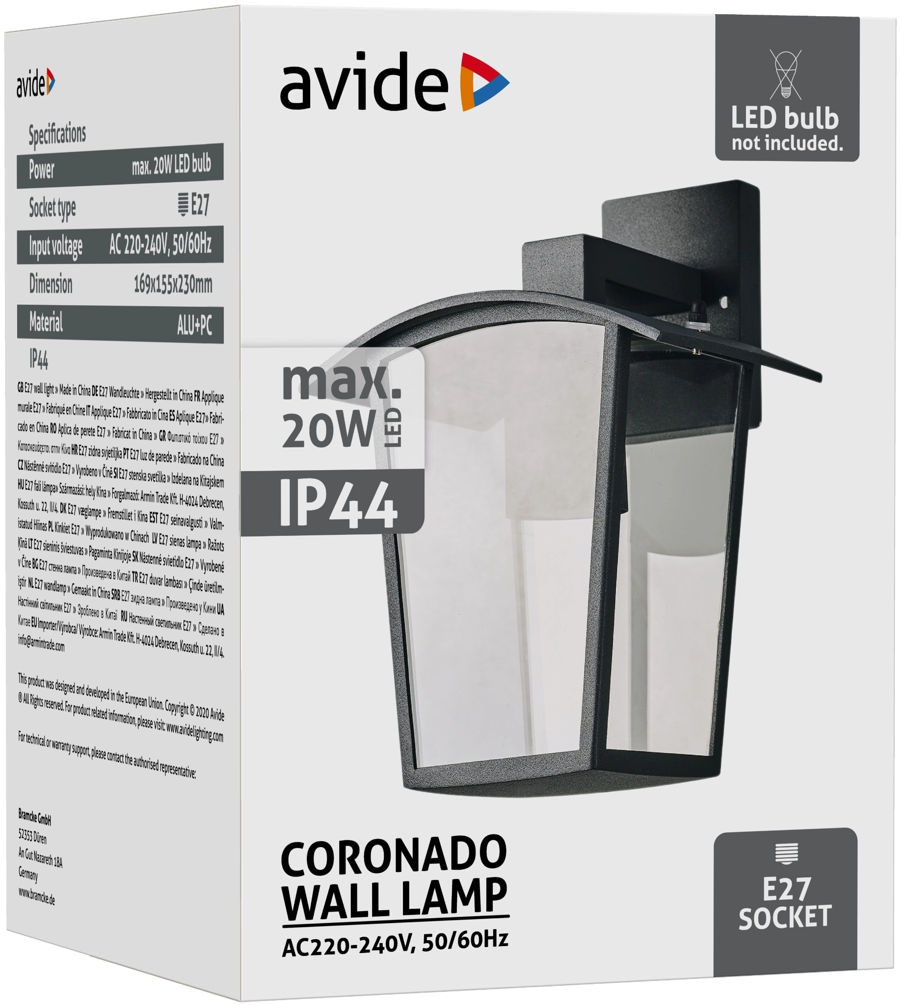 Avide kültéri fali lámpa Coronado 1xE27 IP44 fekete | KÜLÖN CSOMAG |