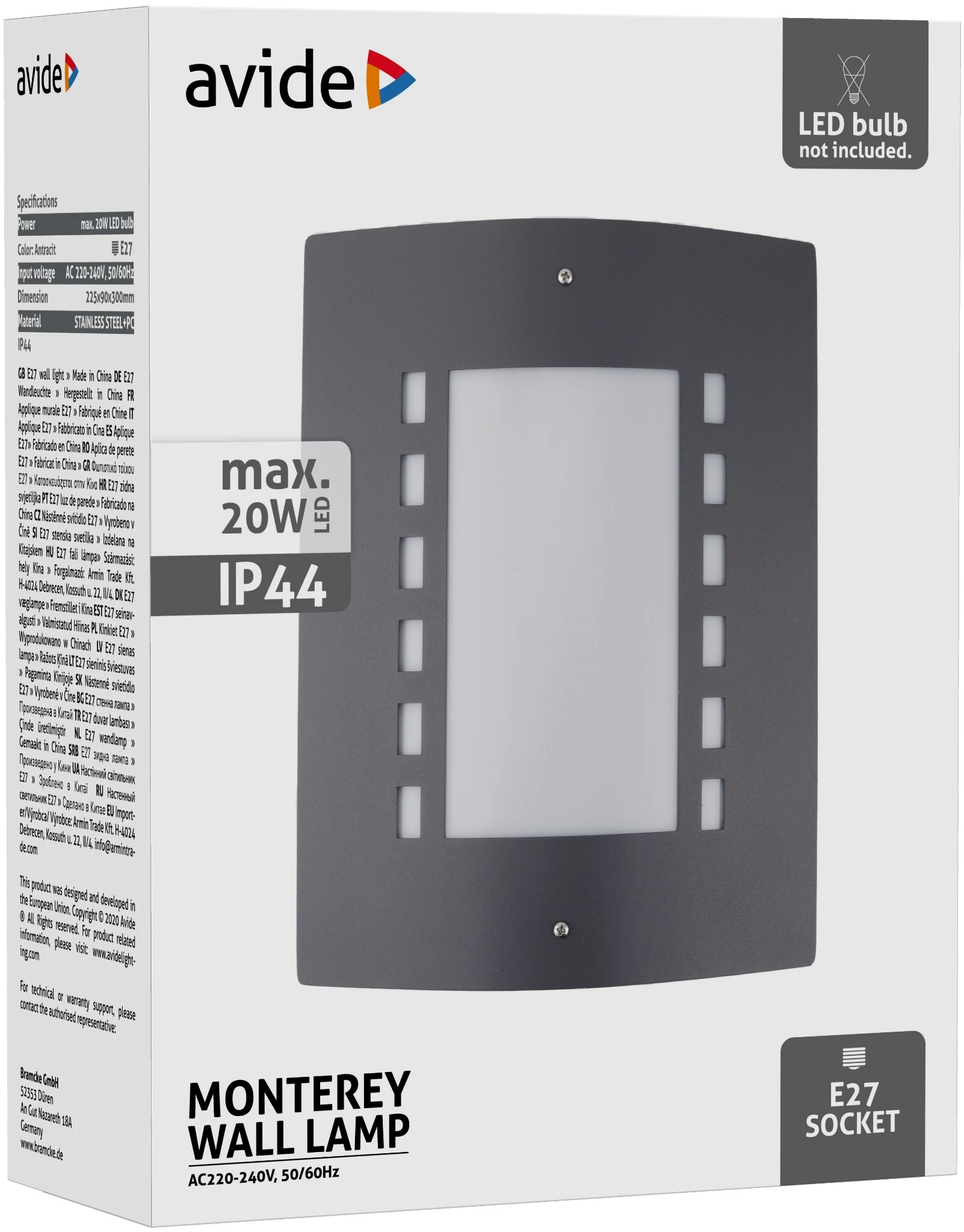 Avide kültéri fali lámpa Monterey 1xE27 IP44 Antracit | KÜLÖN CSOMAG |