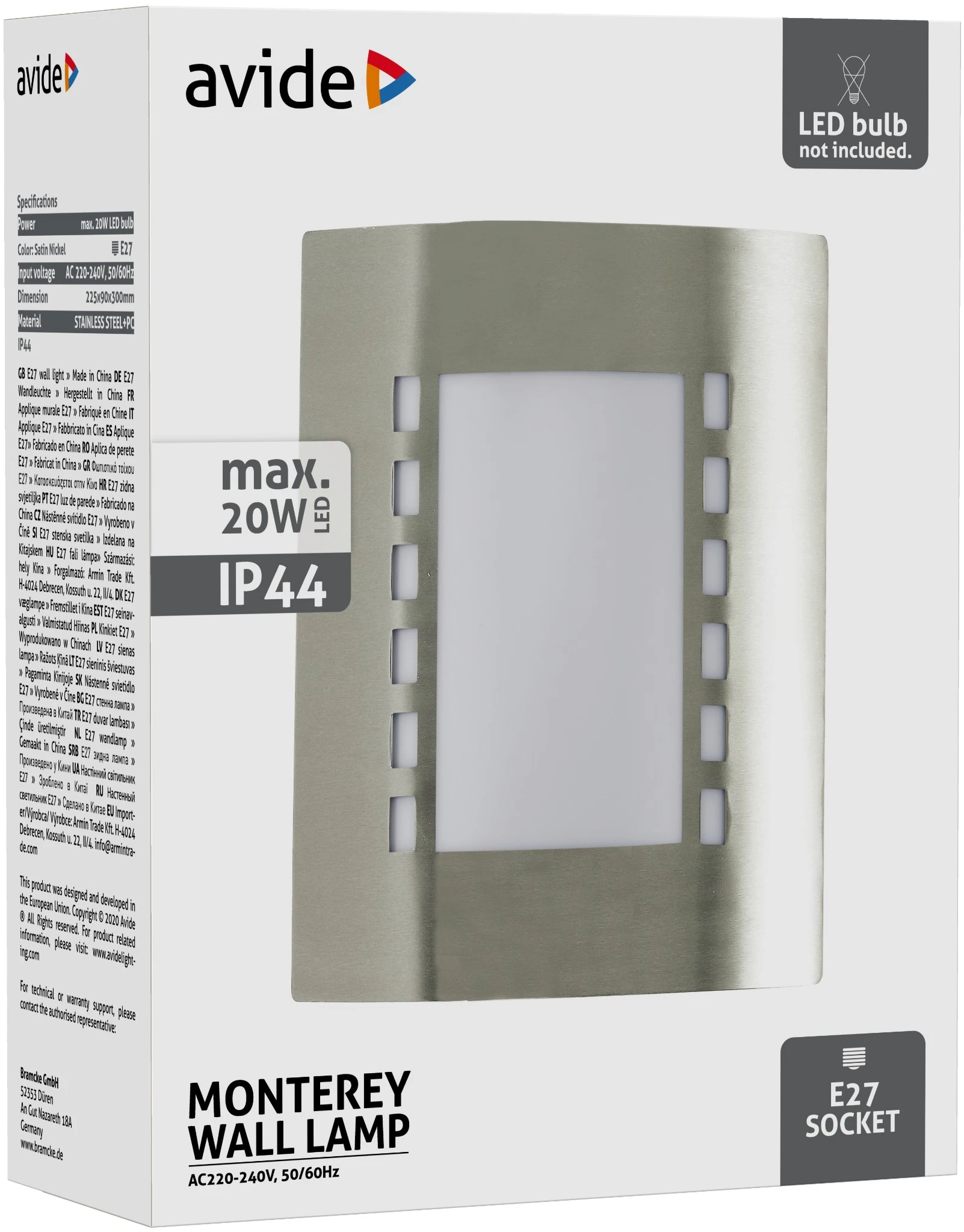 Avide kültéri fali lámpa Monterey 1xE27 IP44 Szatén Nikkel | KÜLÖN CSOMAG |