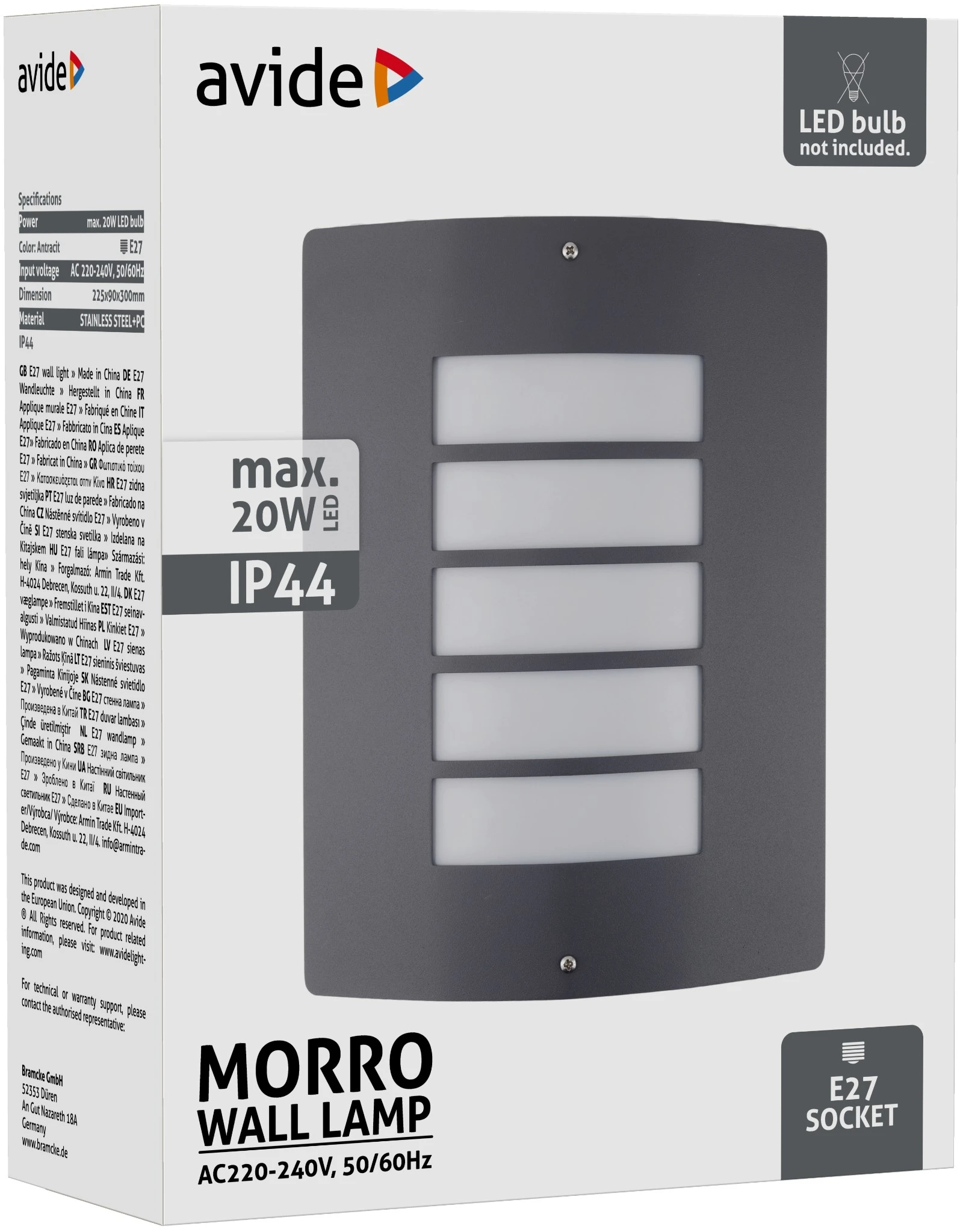 Avide kültéri fali lámpa Morro 1xE27 IP44 Antracit | KÜLÖN CSOMAG |