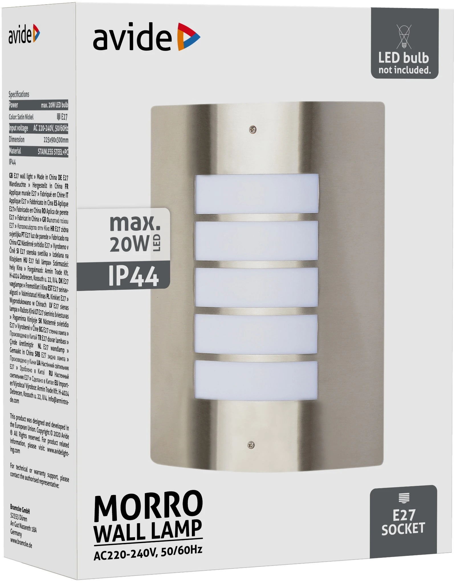 Avide kültéri fali lámpa Morro 1xE27 IP44 Szatén Nikkel | KÜLÖN CSOMAG |