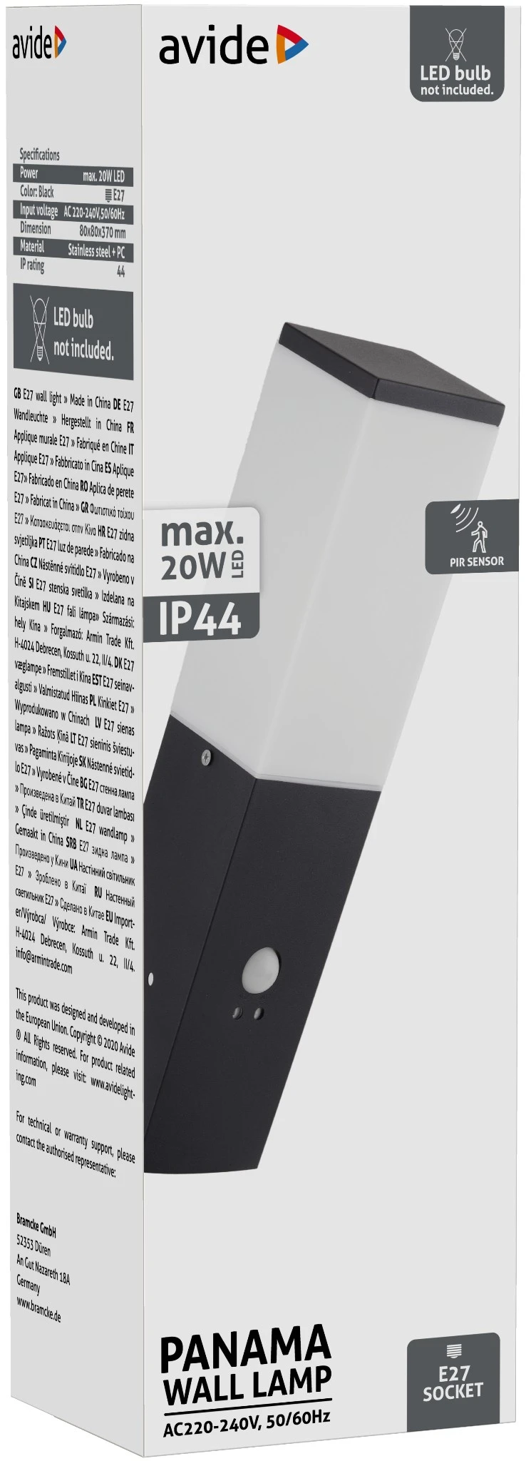 Avide kültéri fali lámpa Panama 1xE27 PIR IP44 Fekete | KÜLÖN CSOMAG |