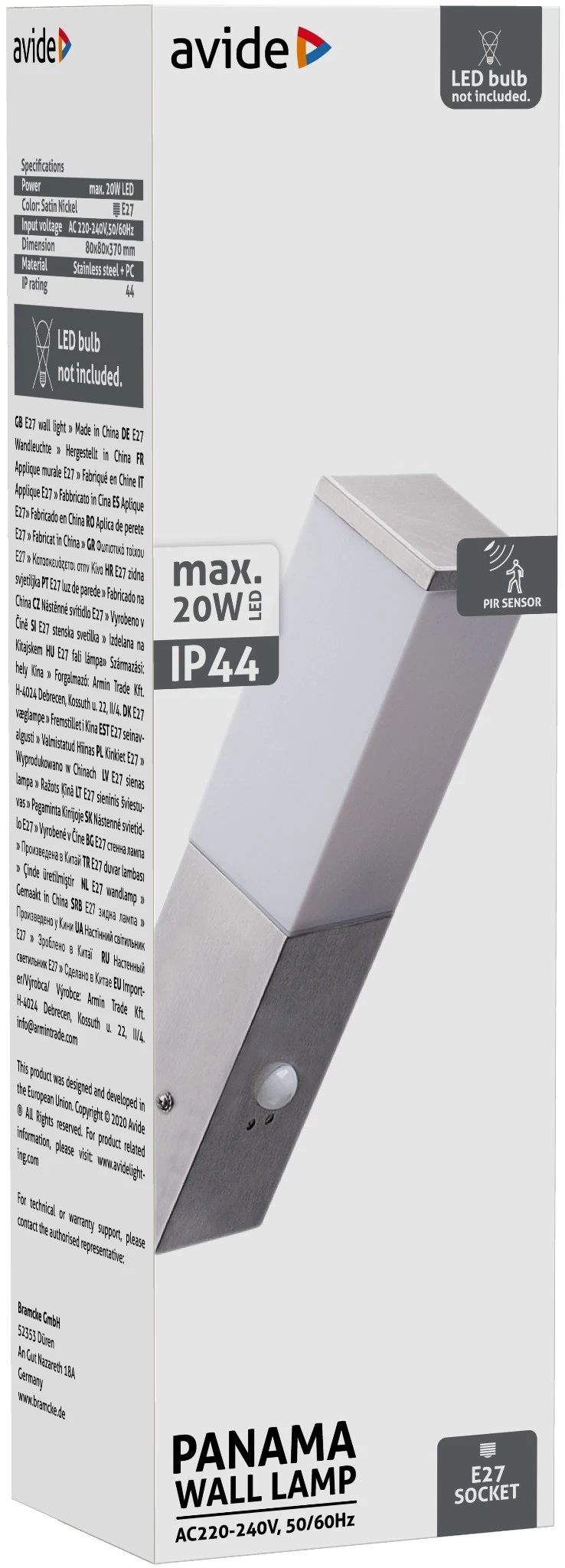 Avide kültéri fali lámpa Panama 1xE27 PIR IP44 Szatén Nikkel | KÜLÖN CSOMAG |