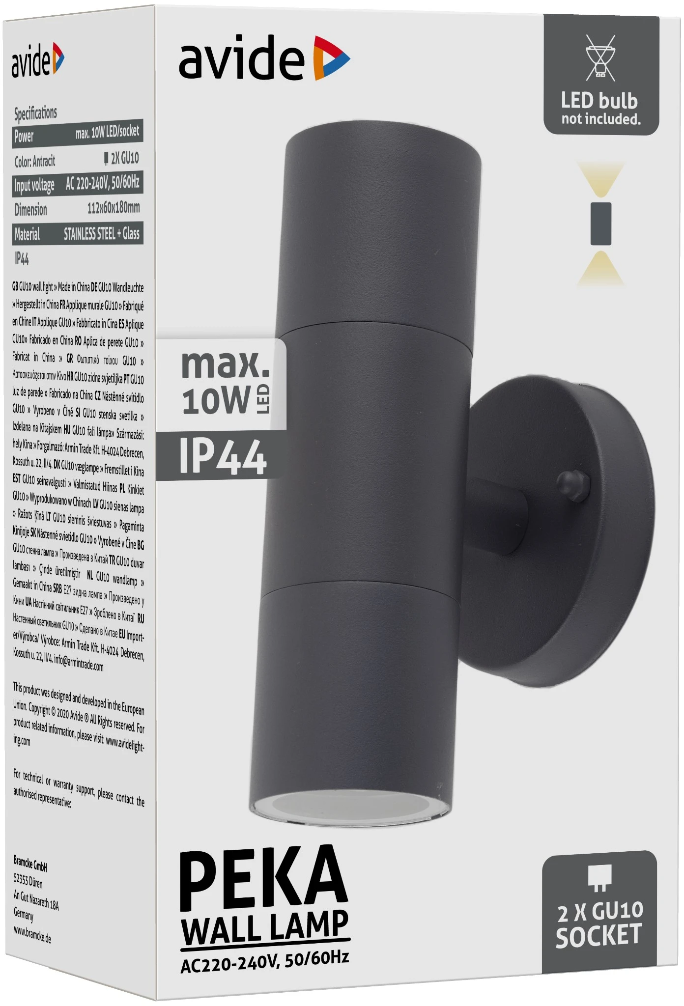 Avide kültéri fali lámpa Peka 2xGU10 IP44 Antracit | KÜLÖN CSOMAG |