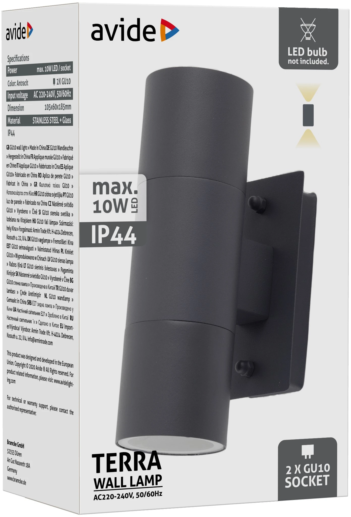 Avide kültéri fali lámpa Terra 2xGU10 IP44 Antracit | KÜLÖN CSOMAG |