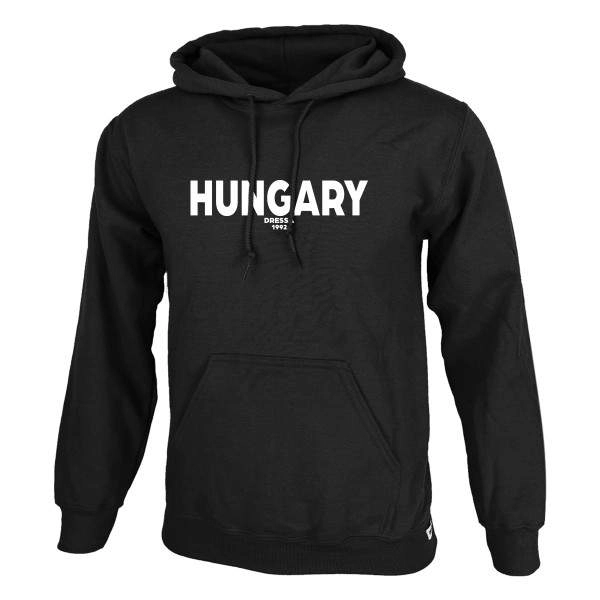 Dressa Hungary feliratos kenguruzsebes pamut kapucnis pulóver – fekete | KÜLÖN CSOMAG |