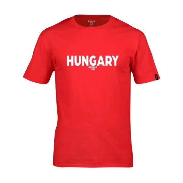 Dressa Hungary feliratos környakú rövid ujjú pamut póló – piros | KÜLÖN CSOMAG |