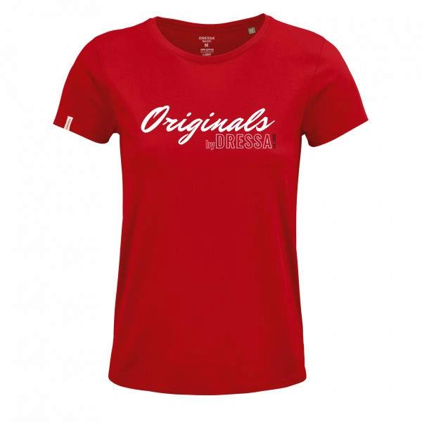 Dressa Originals feliratos női környakú rövid ujjú biopamut póló – piros | KÜLÖN CSOMAG |