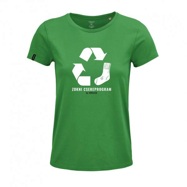 Dressa Zokni Csereprogram feliratos női környakú rövid ujjú biopamut póló – zöld | KÜLÖN CSOMAG |