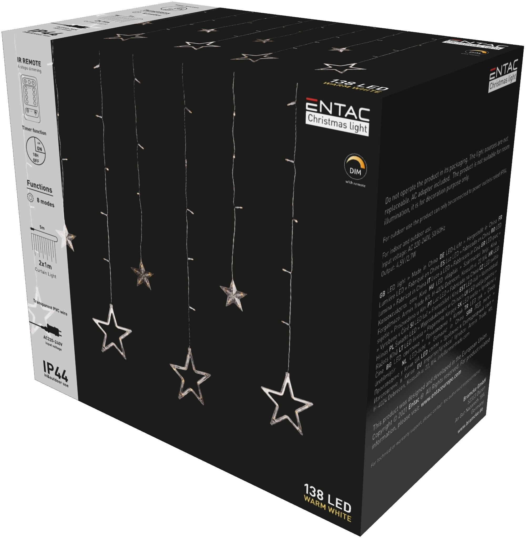 Entac Karácsonyi Függöny IP44 138 LED 12db csillag 8F + időzítő 2x1m IR távirányítóval ECCL-138-SS-2