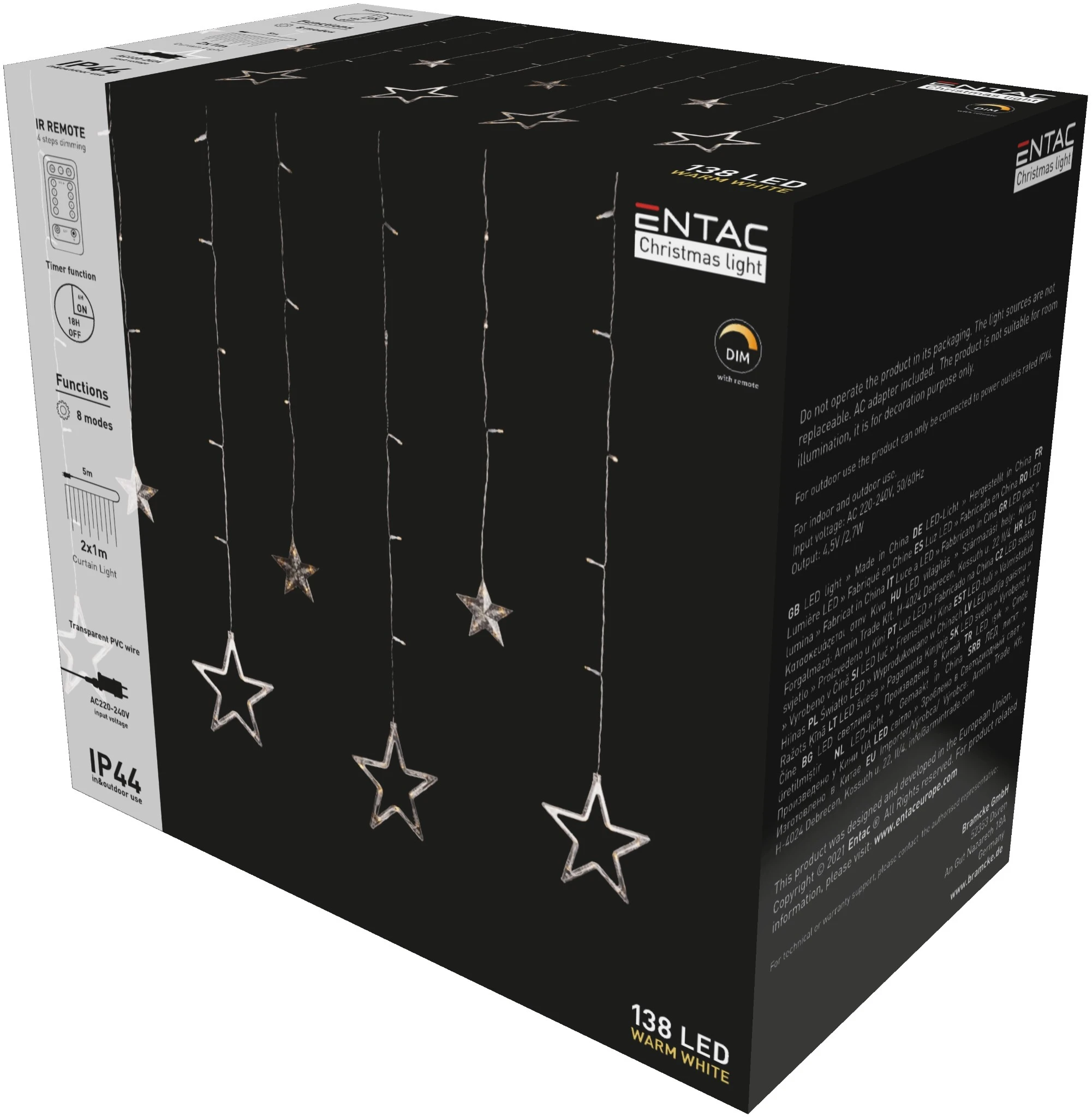 Entac Karácsonyi Függöny IP44 138 LED 12db csillag 8F + időzítő 2x1m IR távirányítóval ECCL-138-SS-2 | KÜLÖN CSOMAG |