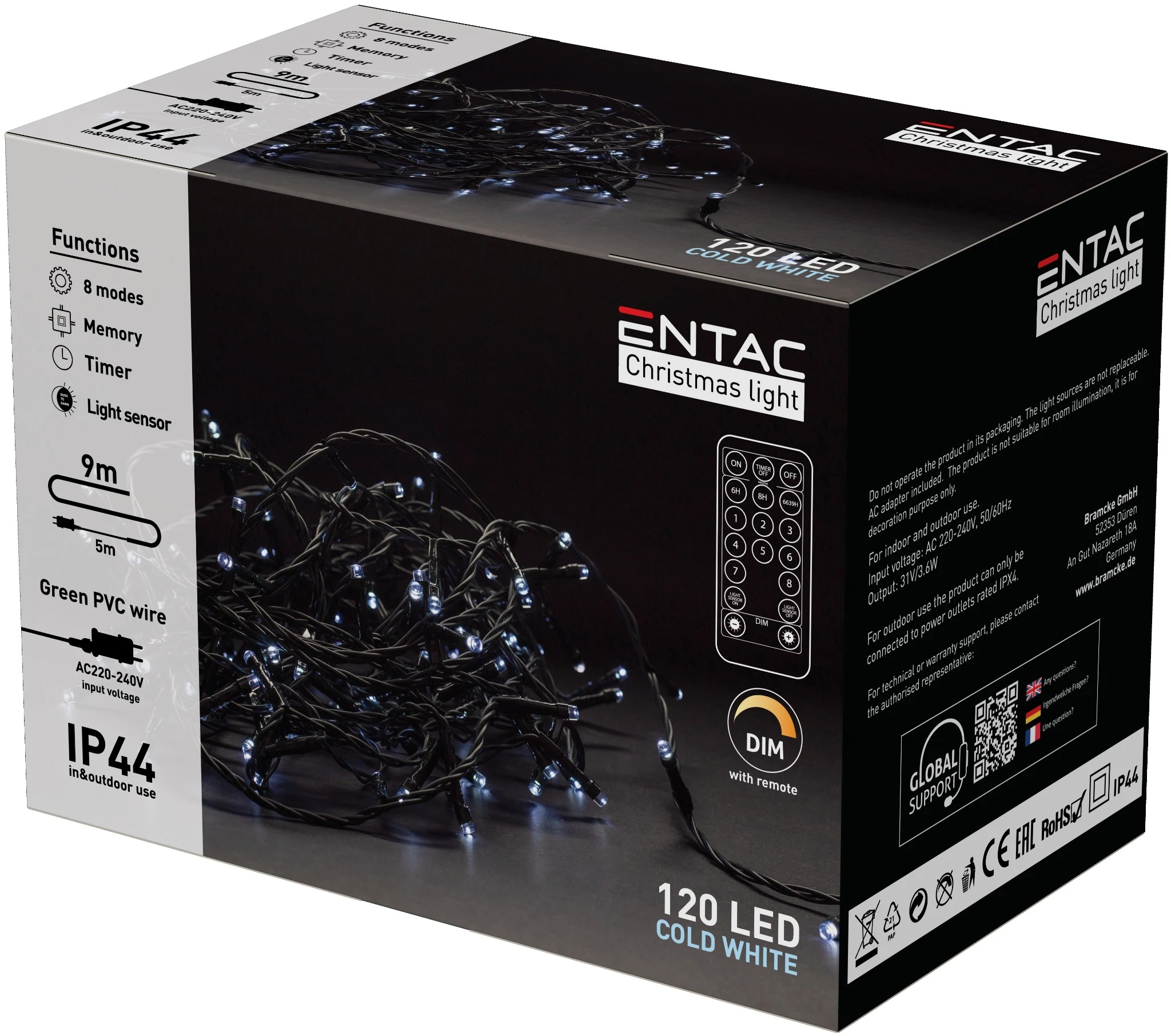 Entac Karácsonyi IP44 120 LED Füzér CW 9m Távirányítóval ECL-120-CW-IR | KÜLÖN CSOMAG |