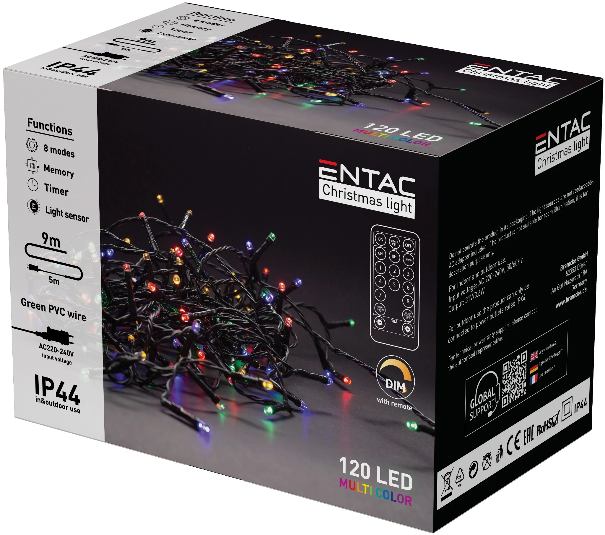 Entac Karácsonyi IP44 120 LED Füzér Színes 9m Távirányítóval ECL-120-MC-IR | KÜLÖN CSOMAG |