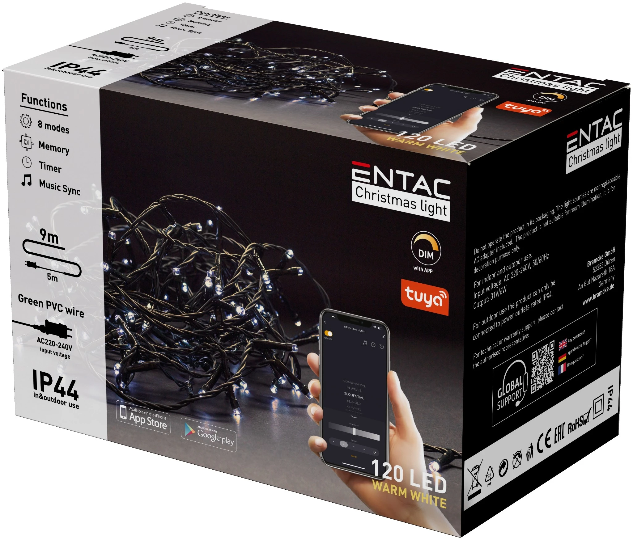Entac Karácsonyi IP44 120 LED Füzér WW 9m Tuya APP ECL-120-TY-WW | KÜLÖN CSOMAG |