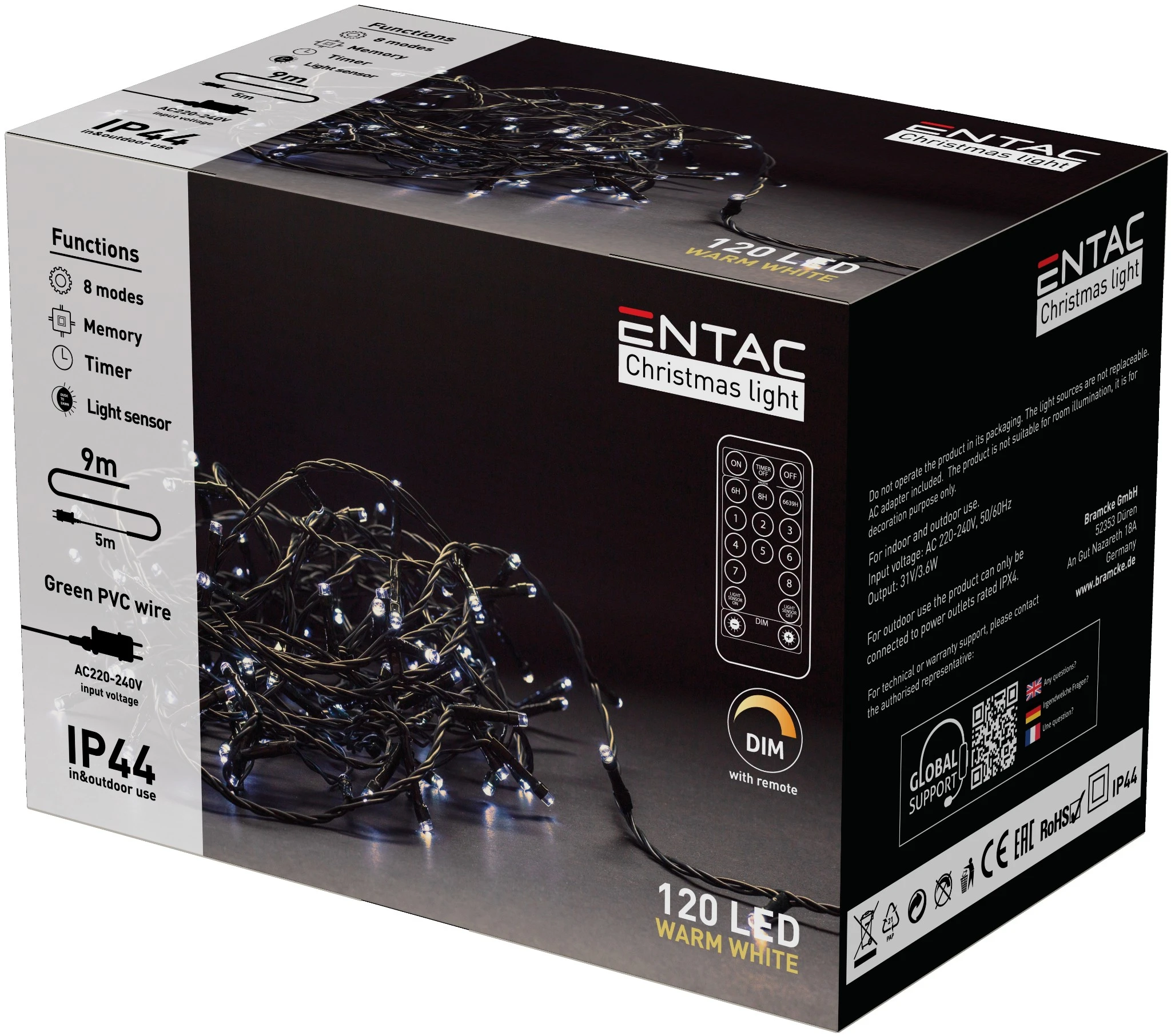Entac Karácsonyi IP44 120 LED Füzér WW 9m Távirányítóval ECL-120-WW-IR | KÜLÖN CSOMAG |