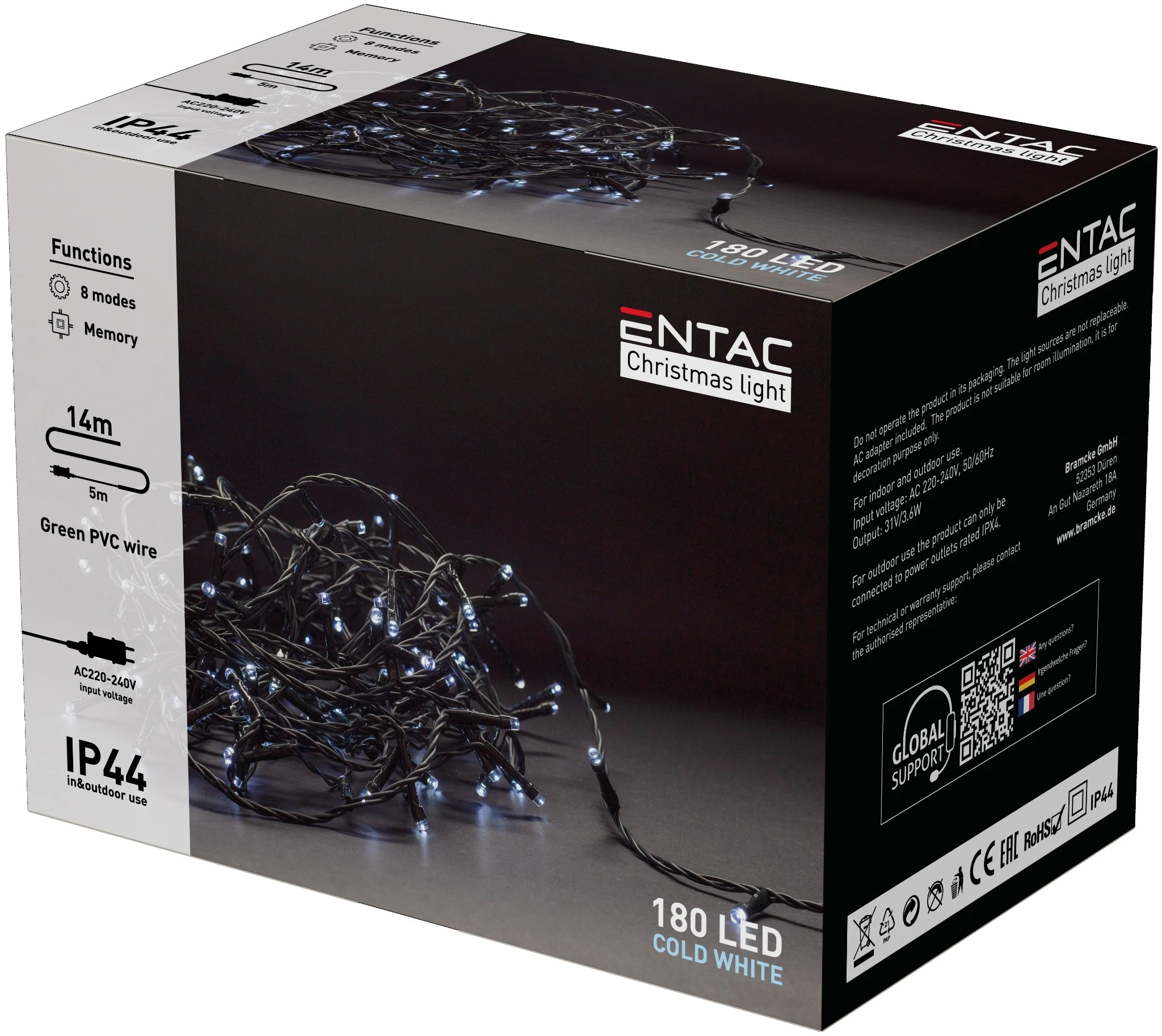 Entac Karácsonyi IP44 180 LED Füzér CW 14m ECL-180-CW | KÜLÖN CSOMAG |