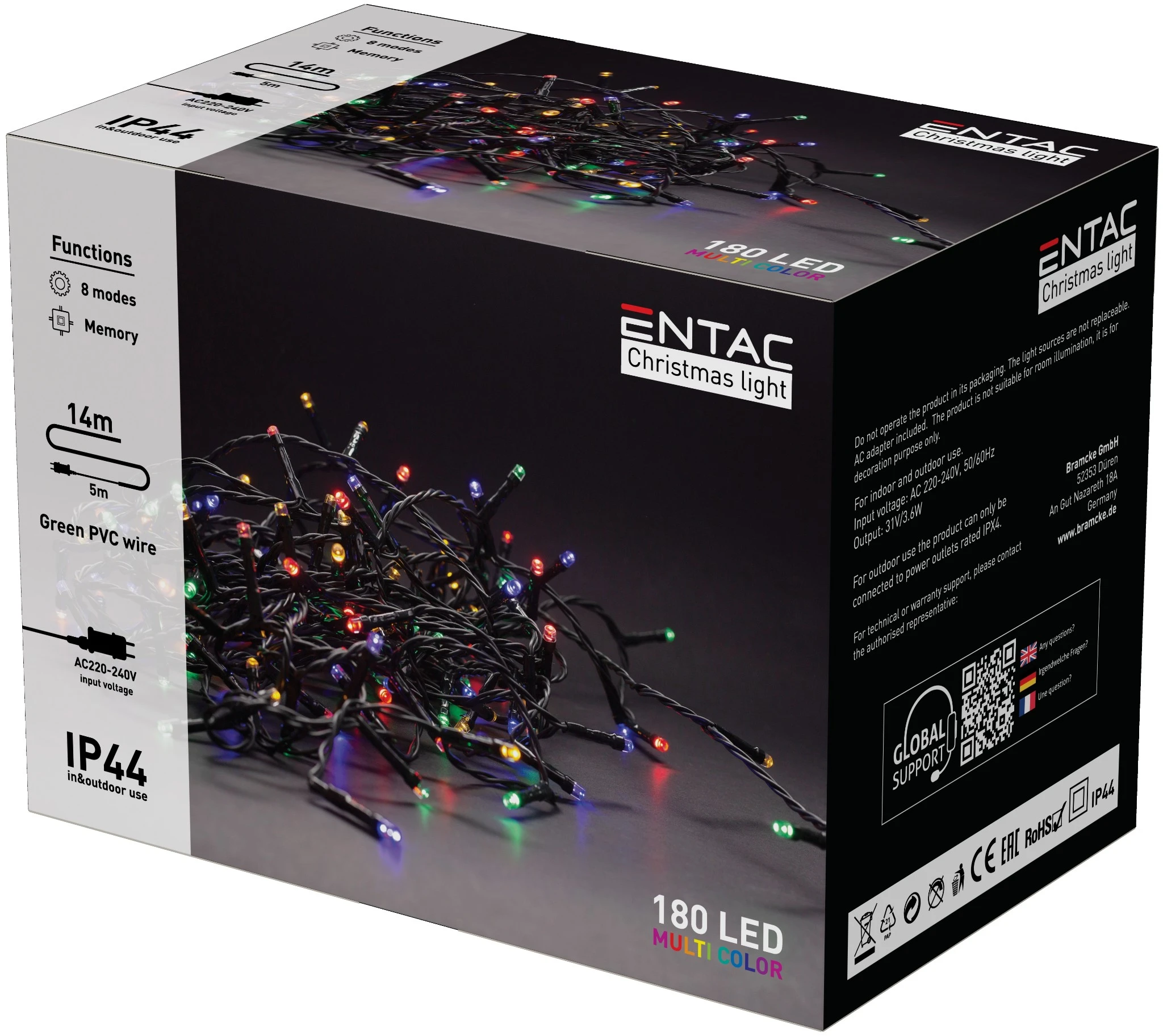 Entac Karácsonyi IP44 180 LED Füzér Színes 14m ECL-180-MC | KÜLÖN CSOMAG |
