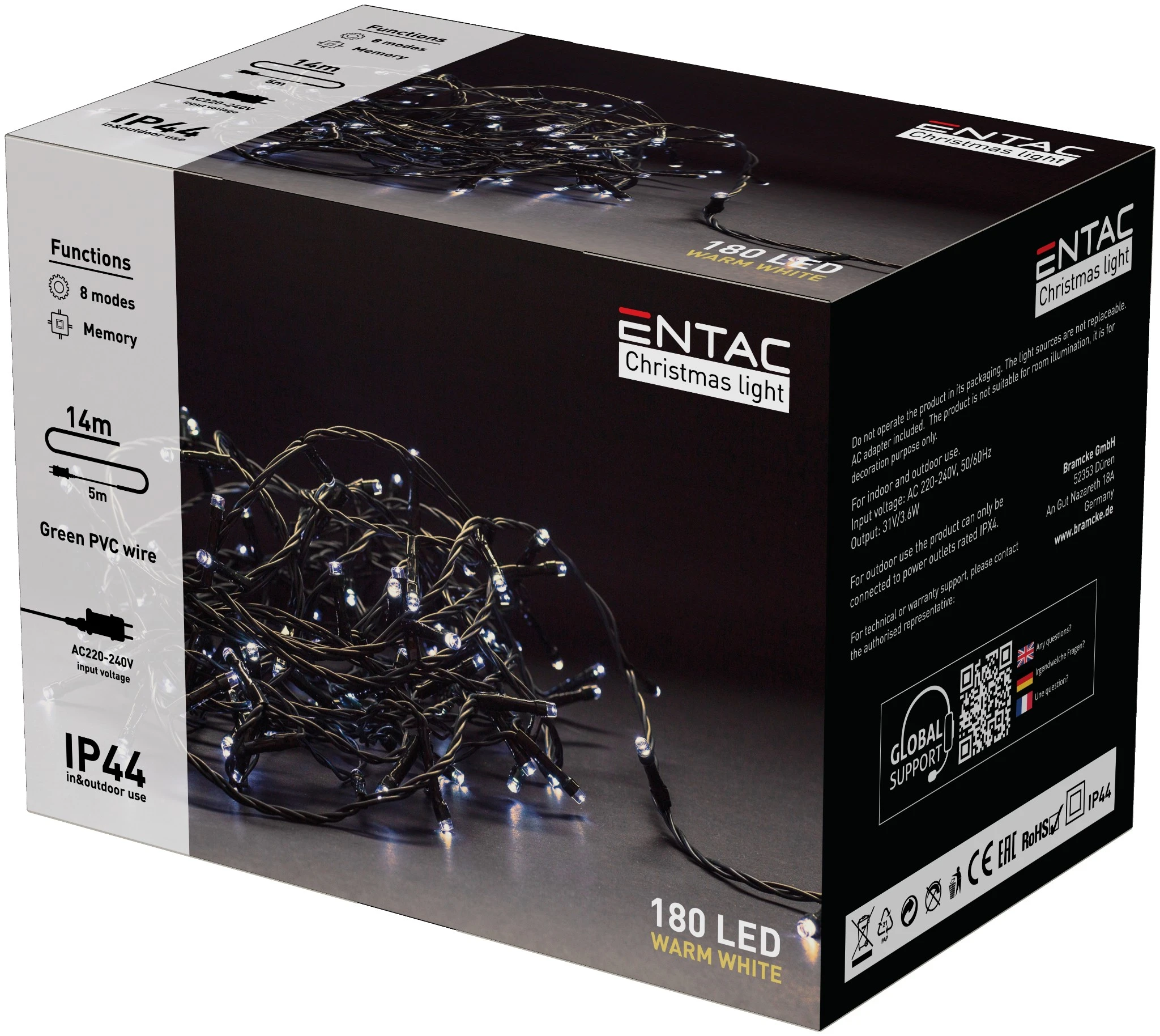 Entac Karácsonyi IP44 180 LED Füzér WW 14m ECL-180-WW | KÜLÖN CSOMAG |