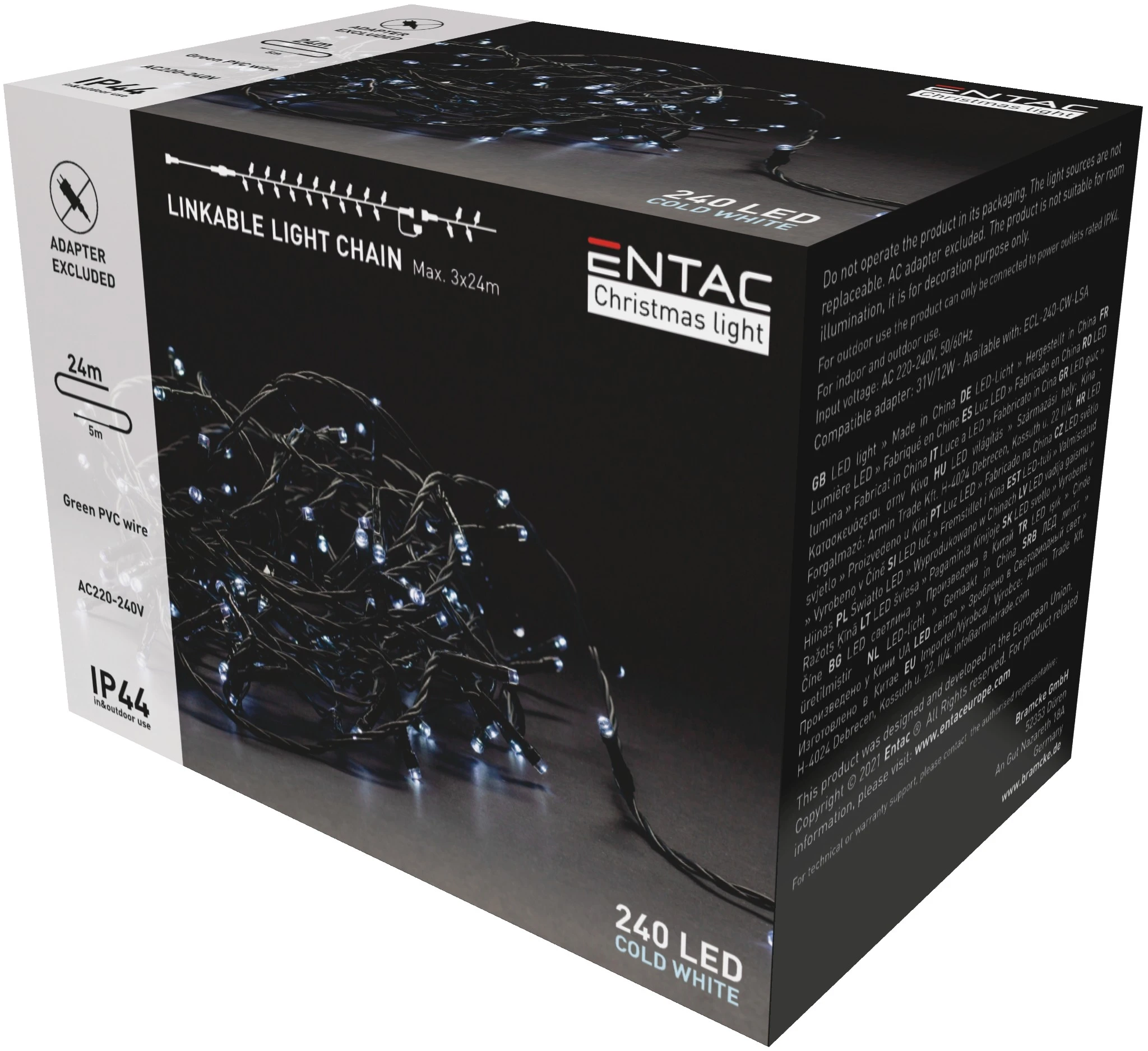 Entac Karácsonyi IP44 240 LED Sorolható  Füzér CW 24m adapter nélkül ECL-240-CW-L | KÜLÖN CSOMAG |
