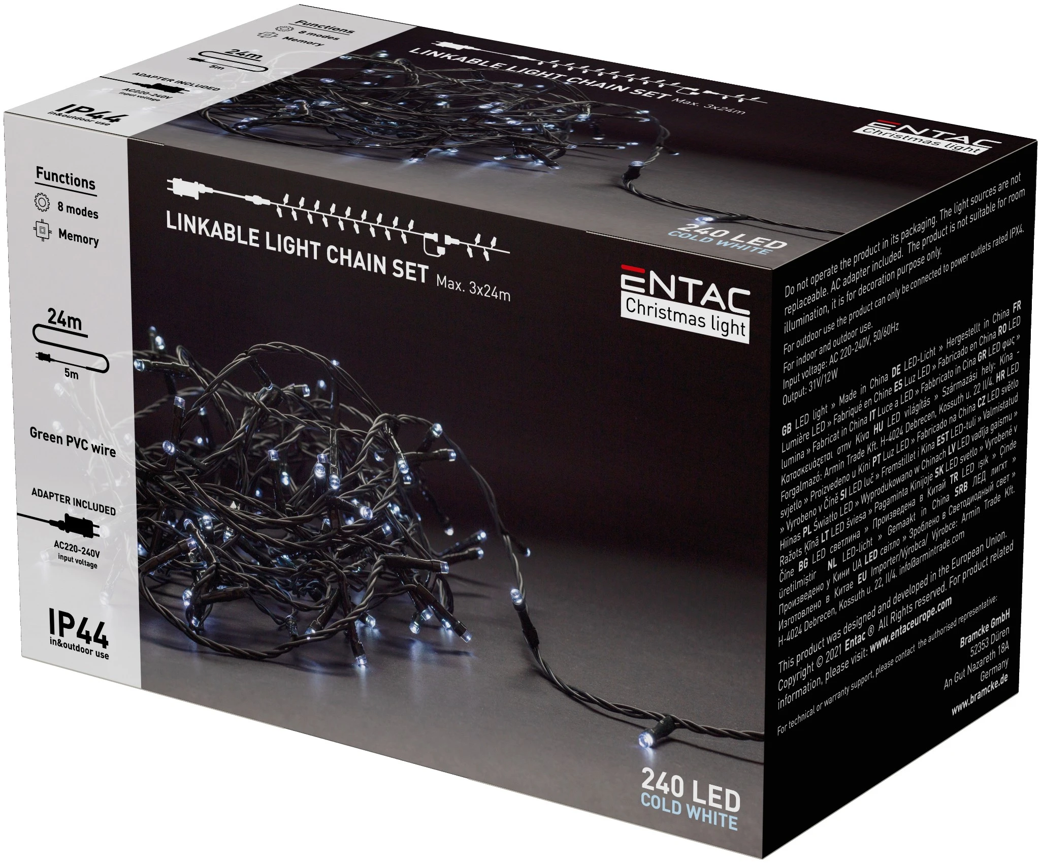 Entac Karácsonyi IP44 240 LED Sorolható Füzér CW 24m szett adapterrel ECL-240-CW-LSA | KÜLÖN CSOMAG |
