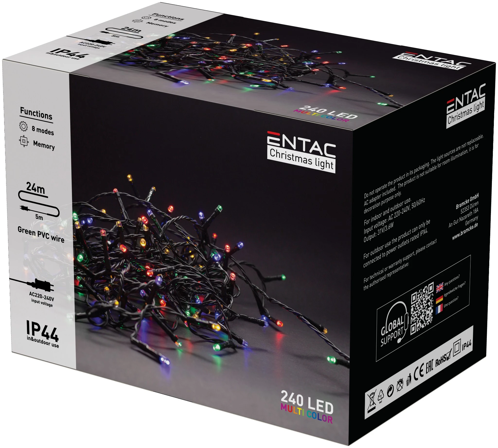 Entac Karácsonyi IP44 240 LED Füzér Színes 24m ECL-240-MC | KÜLÖN CSOMAG |