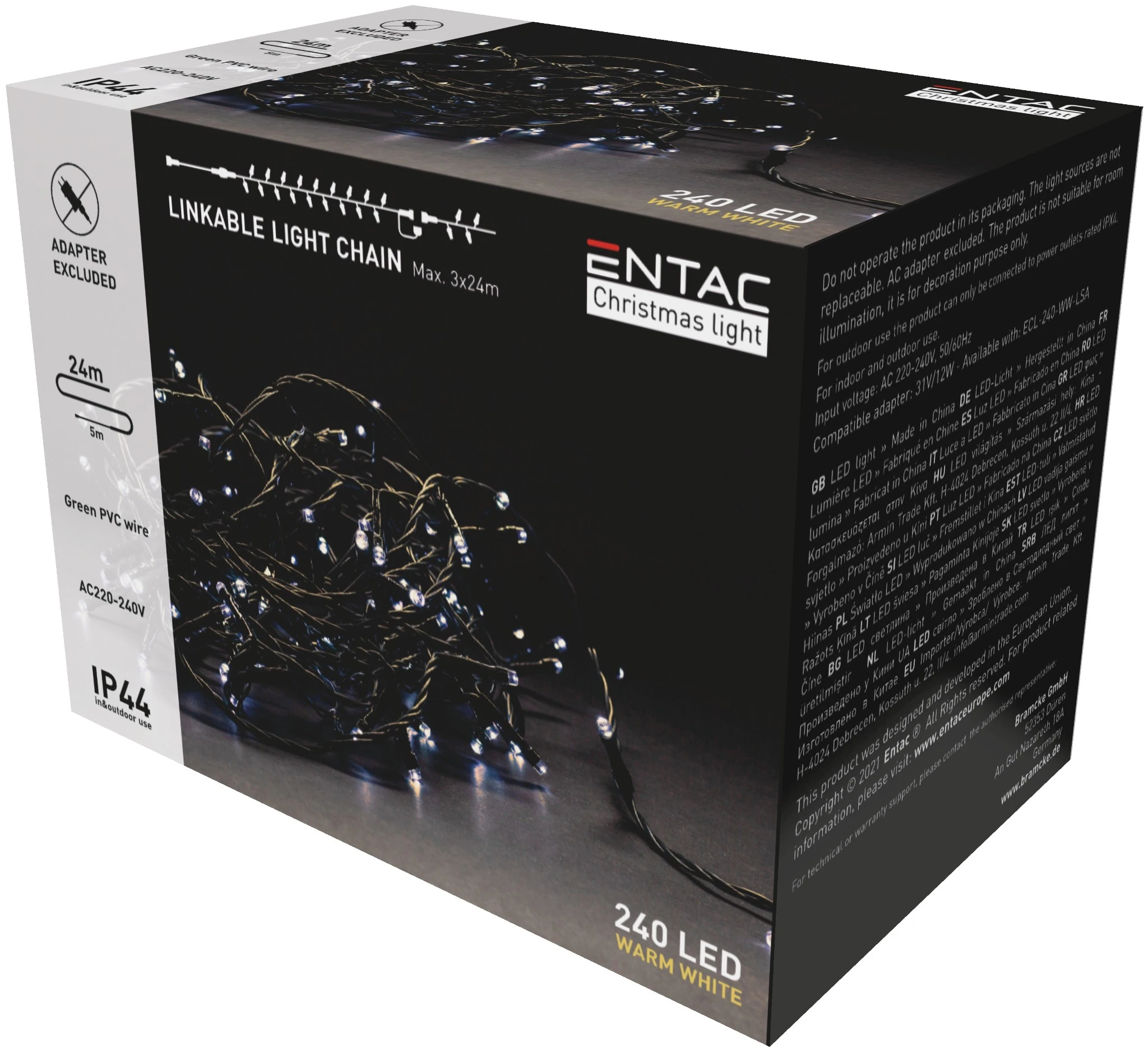Entac Karácsonyi IP44 240 LED Sorolható  Füzér WW 24m adapter nélkül ECL-240-WW-L | KÜLÖN CSOMAG |